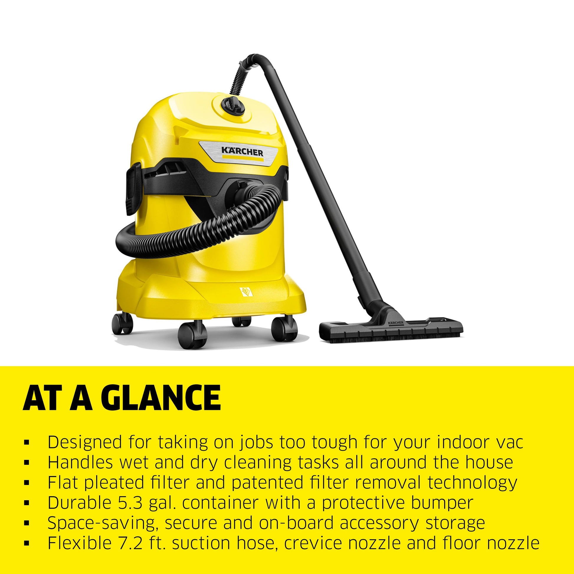 Kärcher WD 4 - Aspiradora Multiusos para Secado en húmedo - 5.3 galones - con Accesorios, diseño de Ahorro de Espacio, 1100 W - Edición 2022, Amarillo