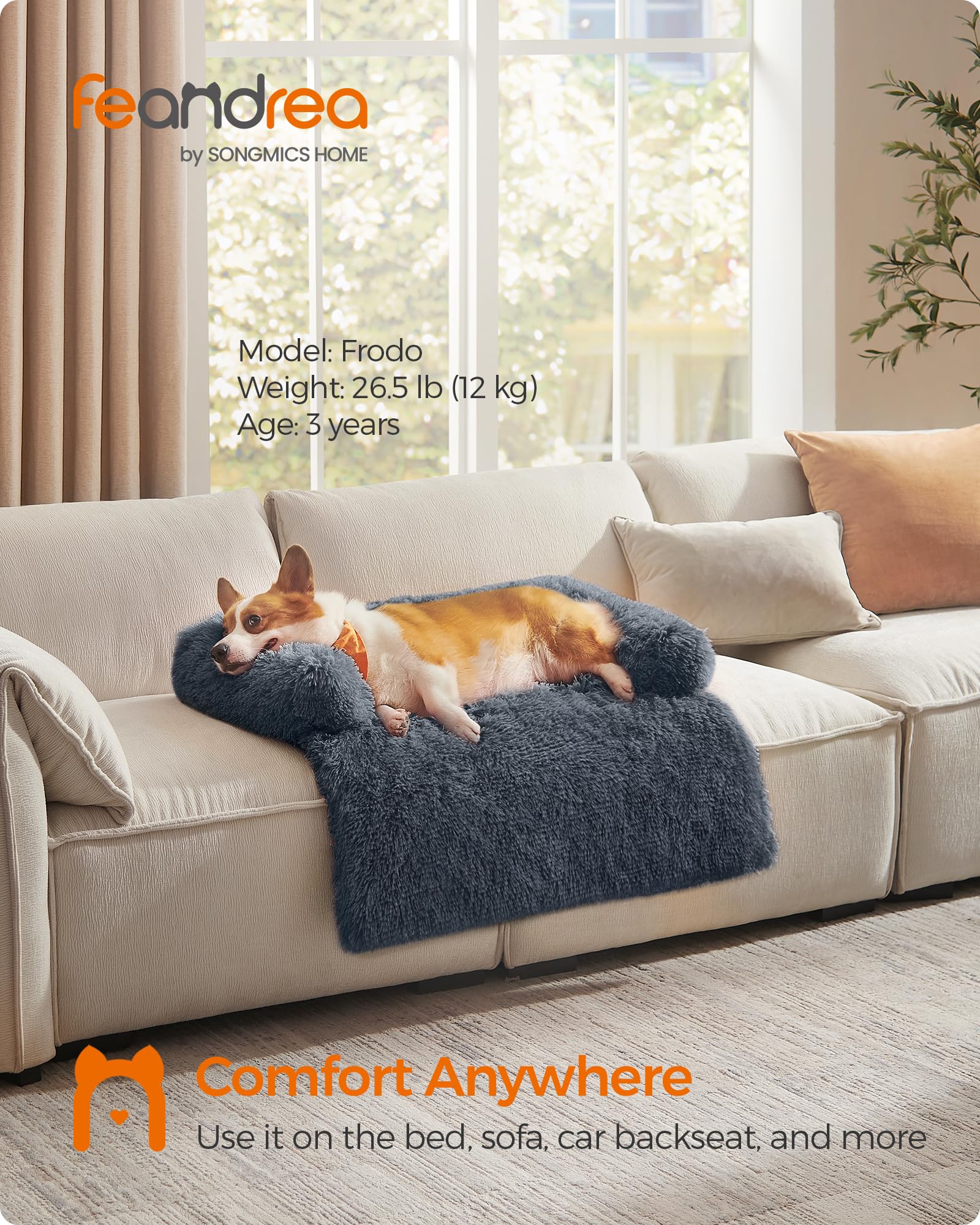Feandrea Cama para Perros, Funda Protectora para Sofá, 95 x 85 x 16 cm, Tela de Felpa, L, para Perros Medianos,Gris Oscuro MPGW222G02