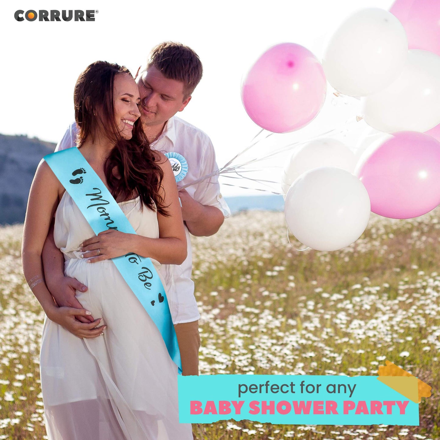 CORRURE Faja de ducha y botón Pin para niño – "Mommy to Be" y "Daddy to Be" Pin con hermosa cinta azul y texto negro con purpurina – Regalo ideal para mamá y papá para revelar el género/baby shower