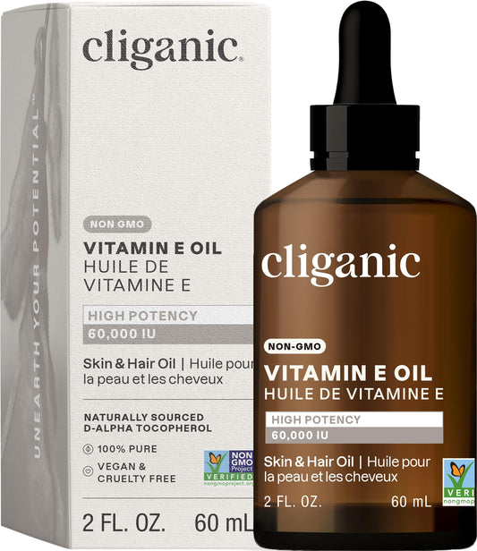 Cliganic Pure Vitamin E Oil, 59 ml - Pure Natural Face and Body Oil - Moisturizing Oil for Skin, Hair and Nails - 60,000 IU, Non-GMO Verified - Helps Reduce Signs of Aging, Improve Skin Texture