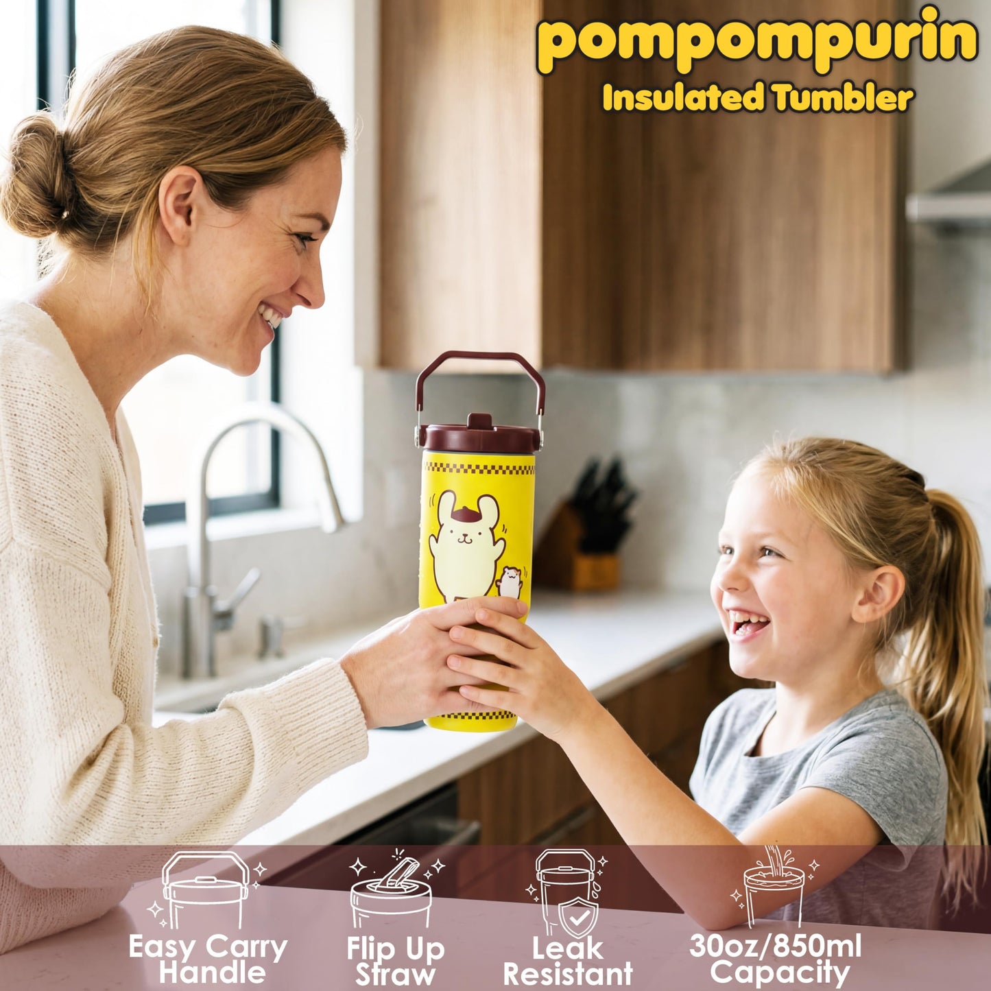 Get Trend Hello Kitty Pompompurin Botella de agua de acero inoxidable con asa y pajita de 30 onzas, para niños, aislada, sin BPA, a prueba de fugas, mantiene el frío por 12 horas, caliente por 5 horas