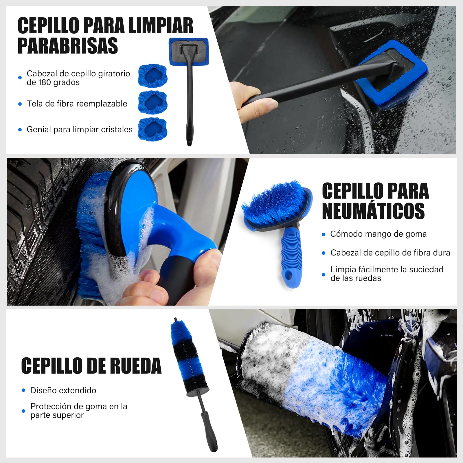 BLUEDREAMER Juego de cepillos de limpieza para coche de 26 piezas,Kit profesional para el cuidado del coche,Limpieza completa del coche,Adecuado para ruedas,Parabrisas,Interior,Asientos.
