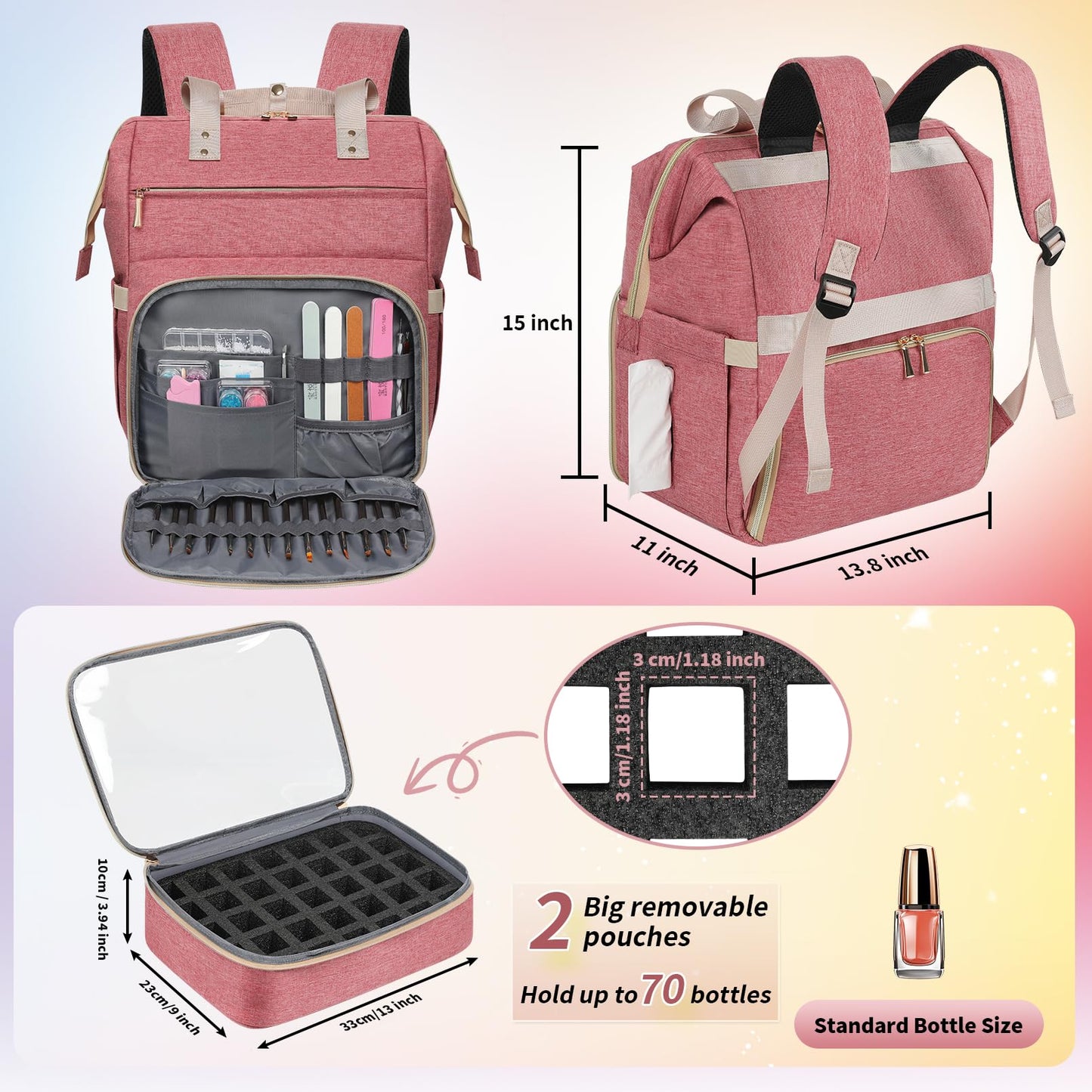 LTINVECK - Funda organizadora de esmalte de uñas con capacidad para 70 botellas y lámpara de uñas, 2 capas desmontables, kit de suministros de uñas, Rosado, Viajes