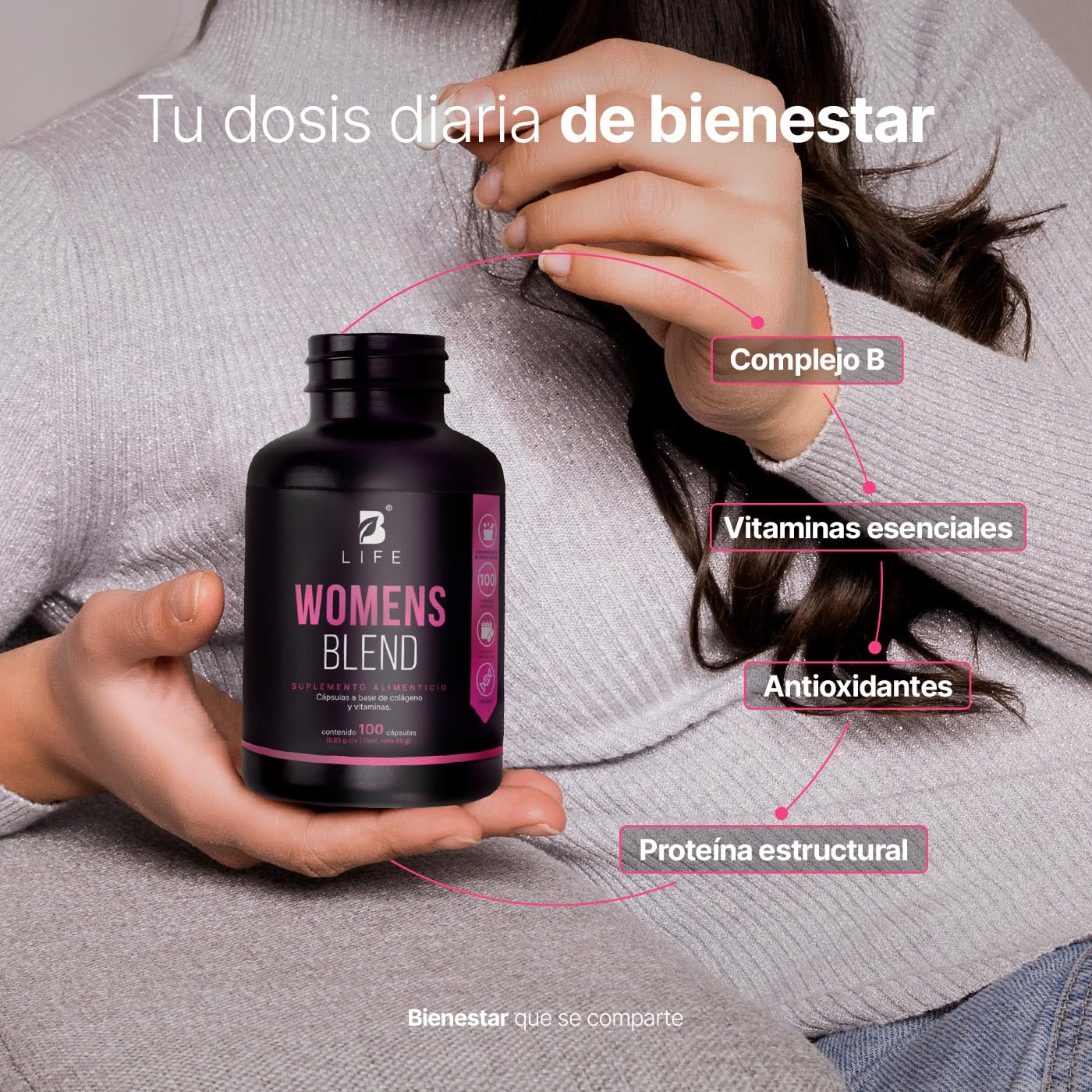 B Life Multivitamínico para Mujer | 100 cápsulas | 650 mg por porción | Colágeno Hidrolizado, Biotina | Ingredientes naturales| Womens Blend.