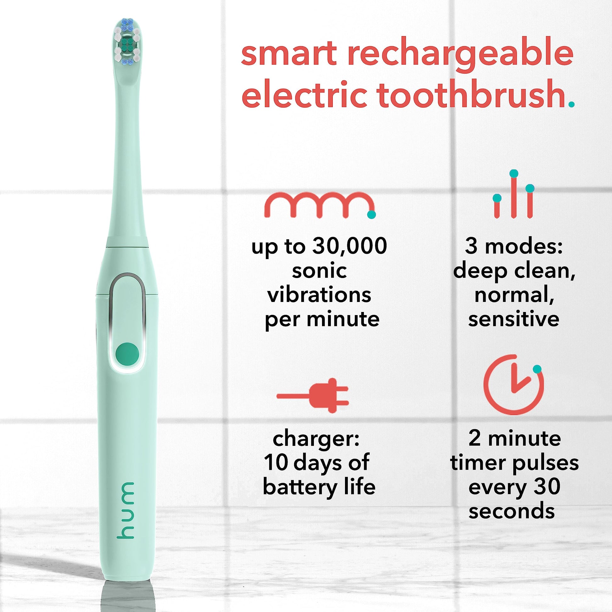 hum by Colgate Smart Electric Toothbrush Kit, Rechargeable Sonic Toothbrush with Travel Case & Bonus Replacement Brush Head, Teal