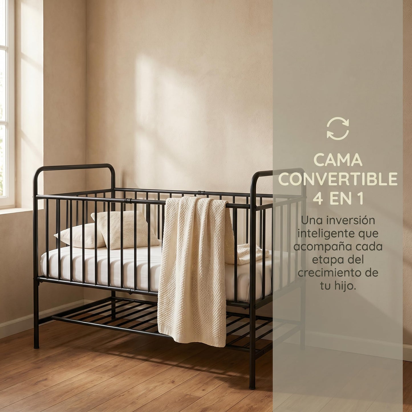 Uzelia Cuna Convertible para Bebé 4 en 1, Cuna para Bebé de Metal con Barandales de Seguridad, Cama Infantil, Daybed y Sofá para Niños, Estructura Resistente con Almacenamiento Inferior, Negro