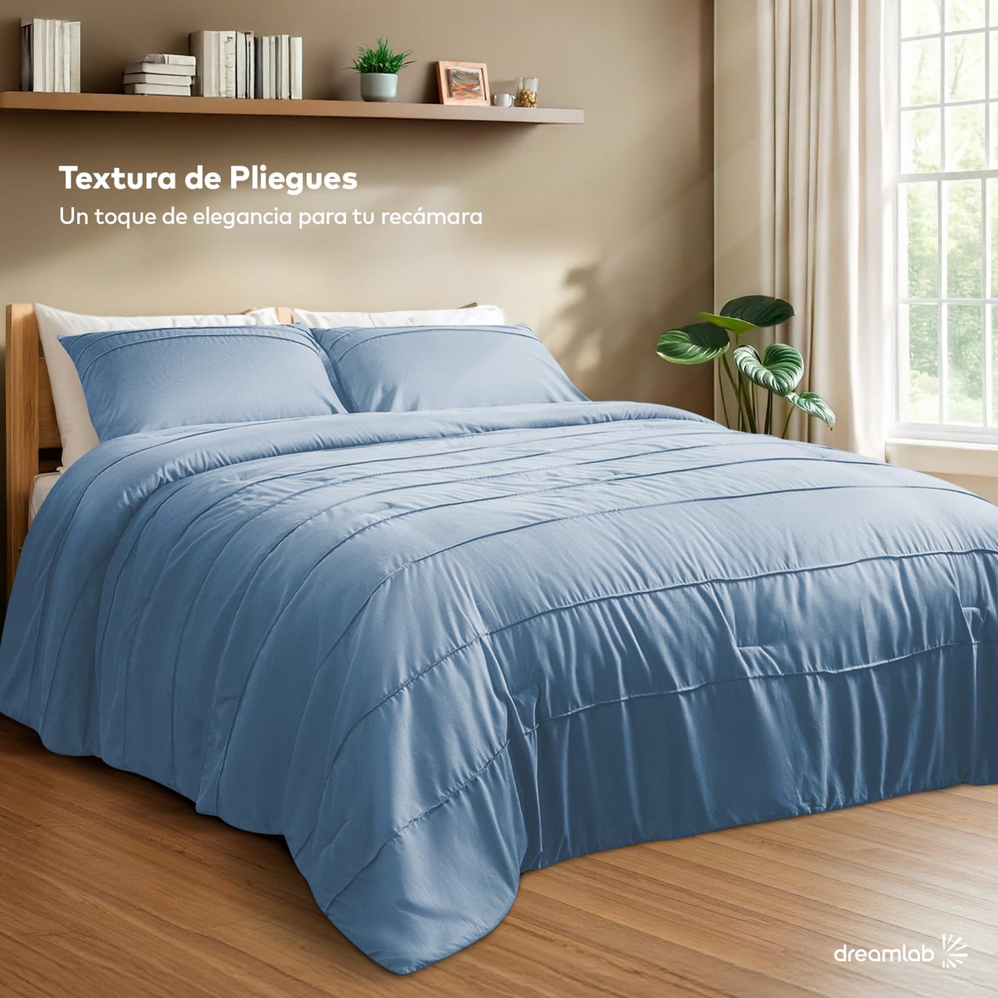 Dreamlab Juego Edredón Acolchado Reversible, Plisado, Ultra Suave, Hipoalergénico, Incluye 1 Funda de Almohada, Ideal para Todo el Año. Set 3 Pzas, Tamaño Individual 162x223cm, Azul Mezclilla