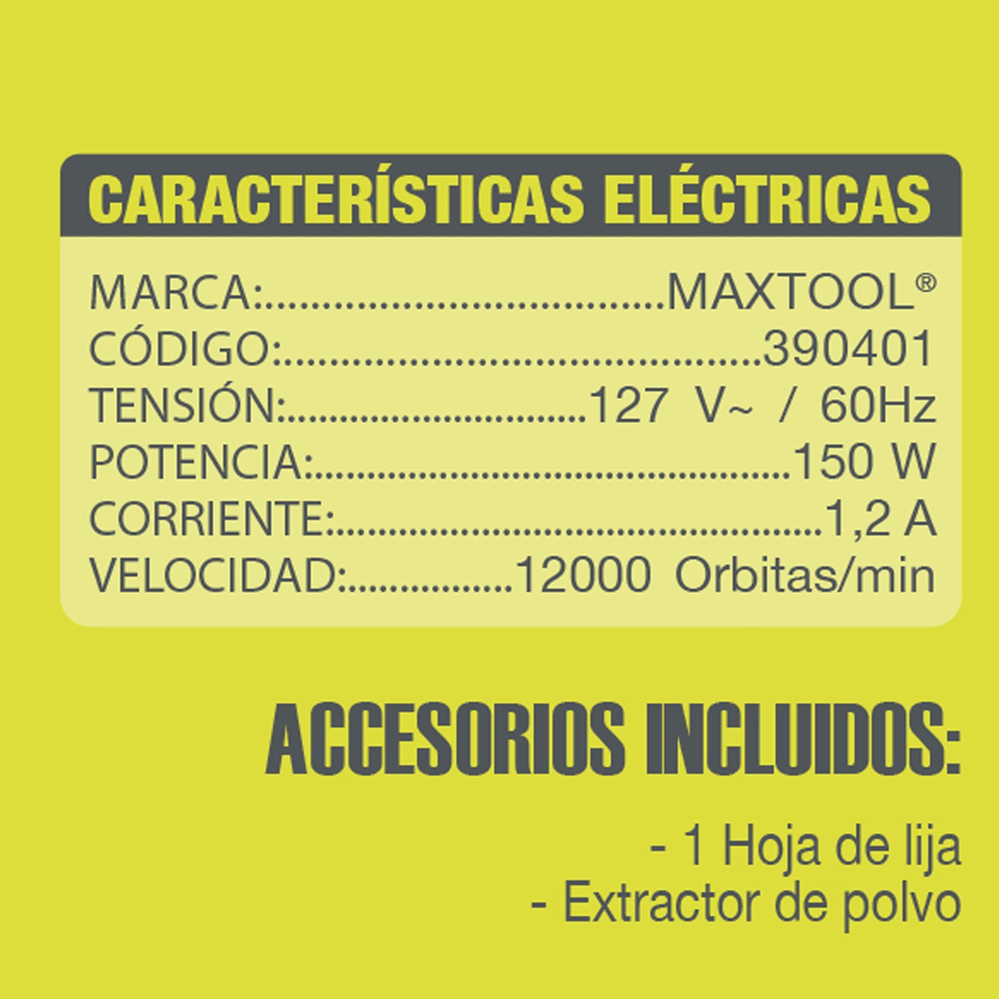 Lijadora Orbital MAXTOOL 150 W Doméstica con Empuñadura Ergonómica para Madera, Yeso y Metal