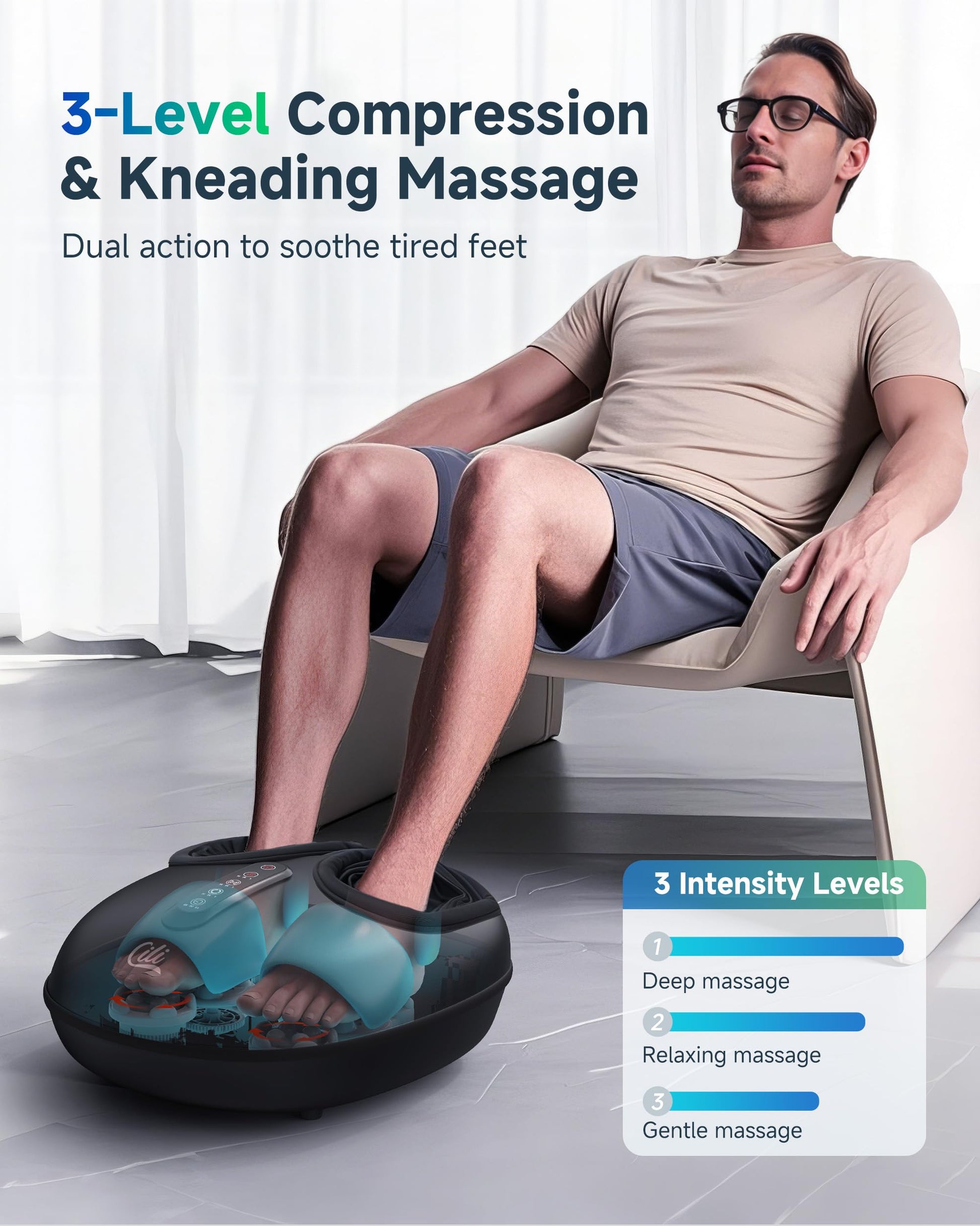 CILI Masajeador De Pies Shiatsu Con Calor Y Compresión, Amasado Y Rodamiento. Masajeador Eléctrico Para Fascitis Plantar Y Neuropatía. Calentador De Pies Para Mujeres Y Hombres. Talla Hasta 35 Cm.