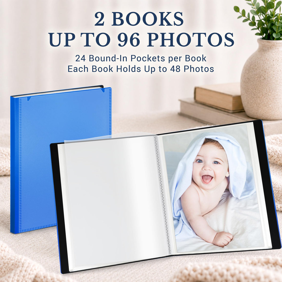 Álbum de Fotos CRANBURY Azul de 4 x 6 con Cobertura Personalizable, Paquete de 2 Libros, 24 Bolsillos para 48 Imágenes