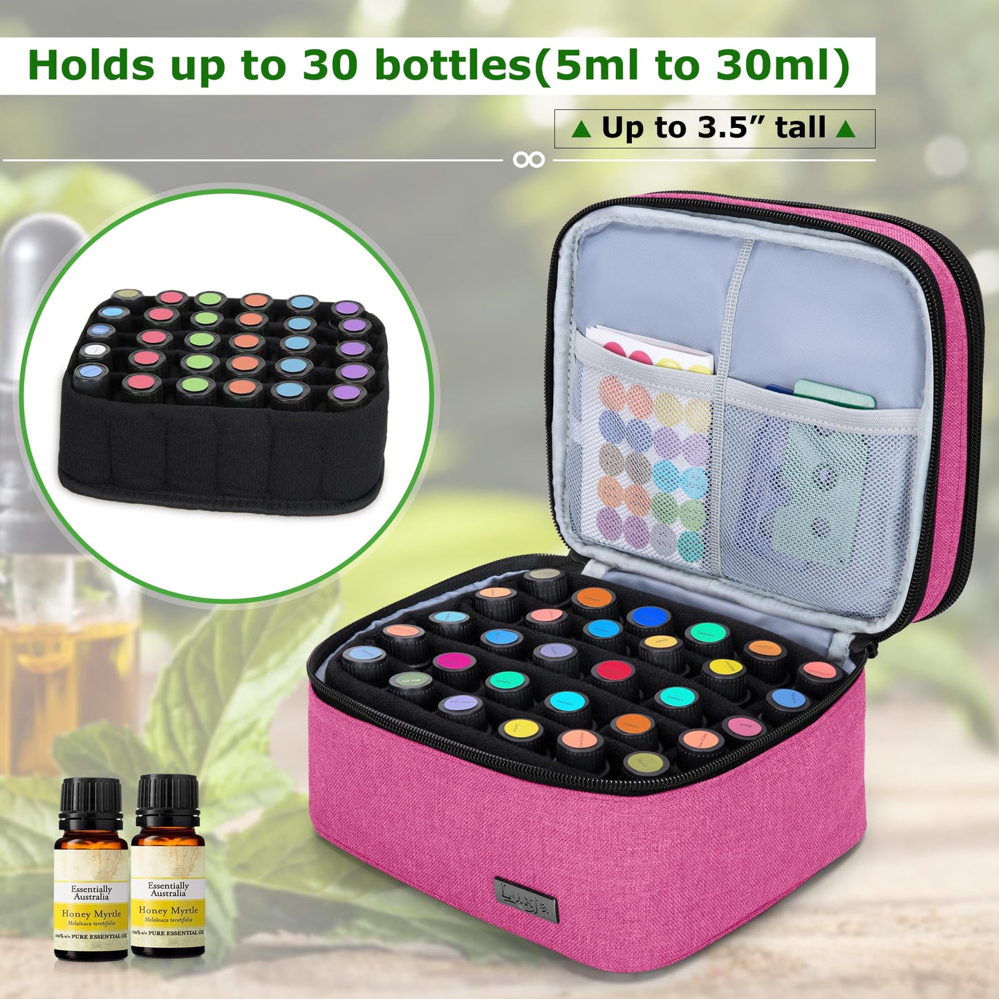 (Double-layer Bag: Fits for 30 bottles, Pink) - Luxja Essential Oil Carrying Case - Holds 30 Bottles (5ml-30ml, Also Fits for Roller Bottles), Double-Layer Organiser for Essential Oil and Accessories, Pink