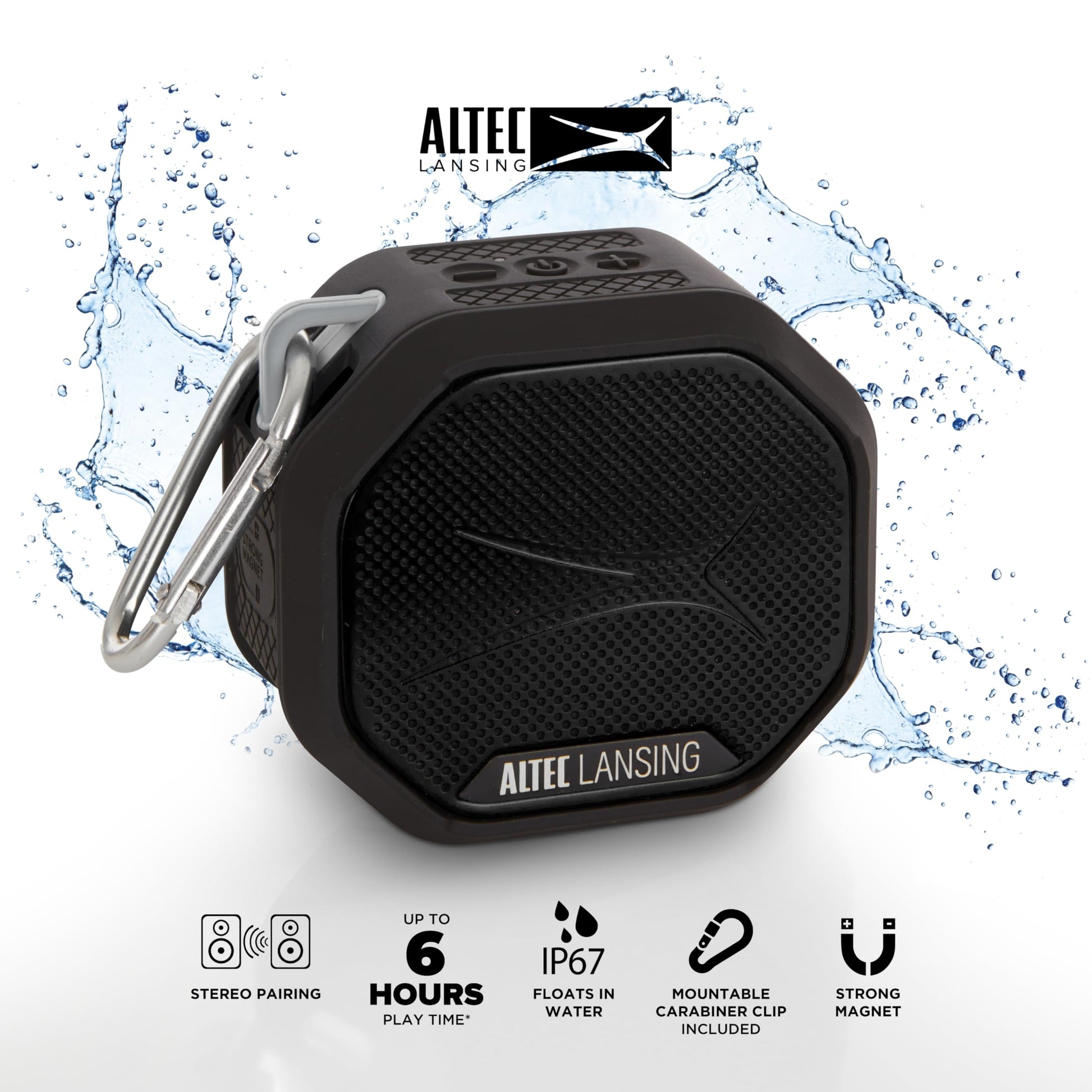 Altec Lansing HYDRATREK - Altavoz magnético Bluetooth, Impermeable IP67, Altavoz portátil, emparejamiento inalámbrico Verdadero, Carga rápida USB-C, batería de 3.7 V 400 mAh, Asistente de Voz,