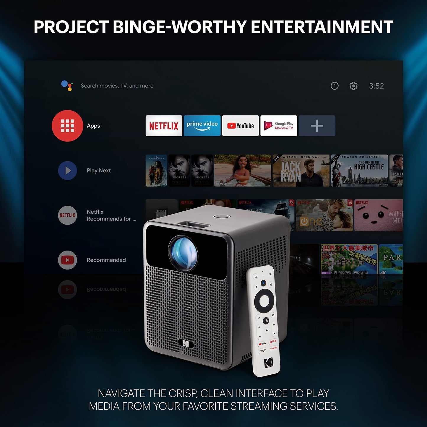 KODAK FLIK HD10 Proyector inteligente con Android TV, 1080p Full HD portátil WiFi Proyector Bluetooth, Netflix y YouTube, Google Assistant Remote, iOS y Android Mirroring