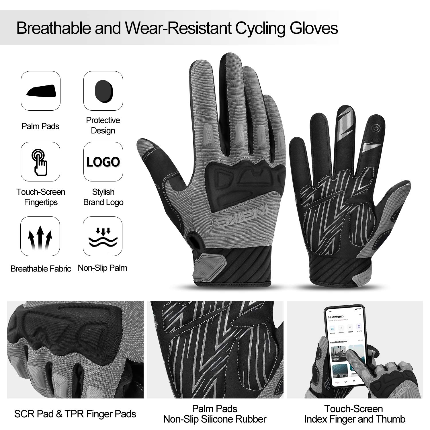 INBIKE - Guantes de bicicleta de montaña para hombre, gris, resistentes al desgaste, antideslizantes y resistentes a los golpes, acolchados, transpirables, con soporte de pantalla táctil
