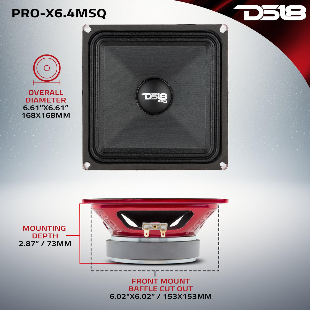 Altavoz de Rango Medio DS18 Rojo 6.5x6.5 Pulgadas 500W 4 Ohmios
