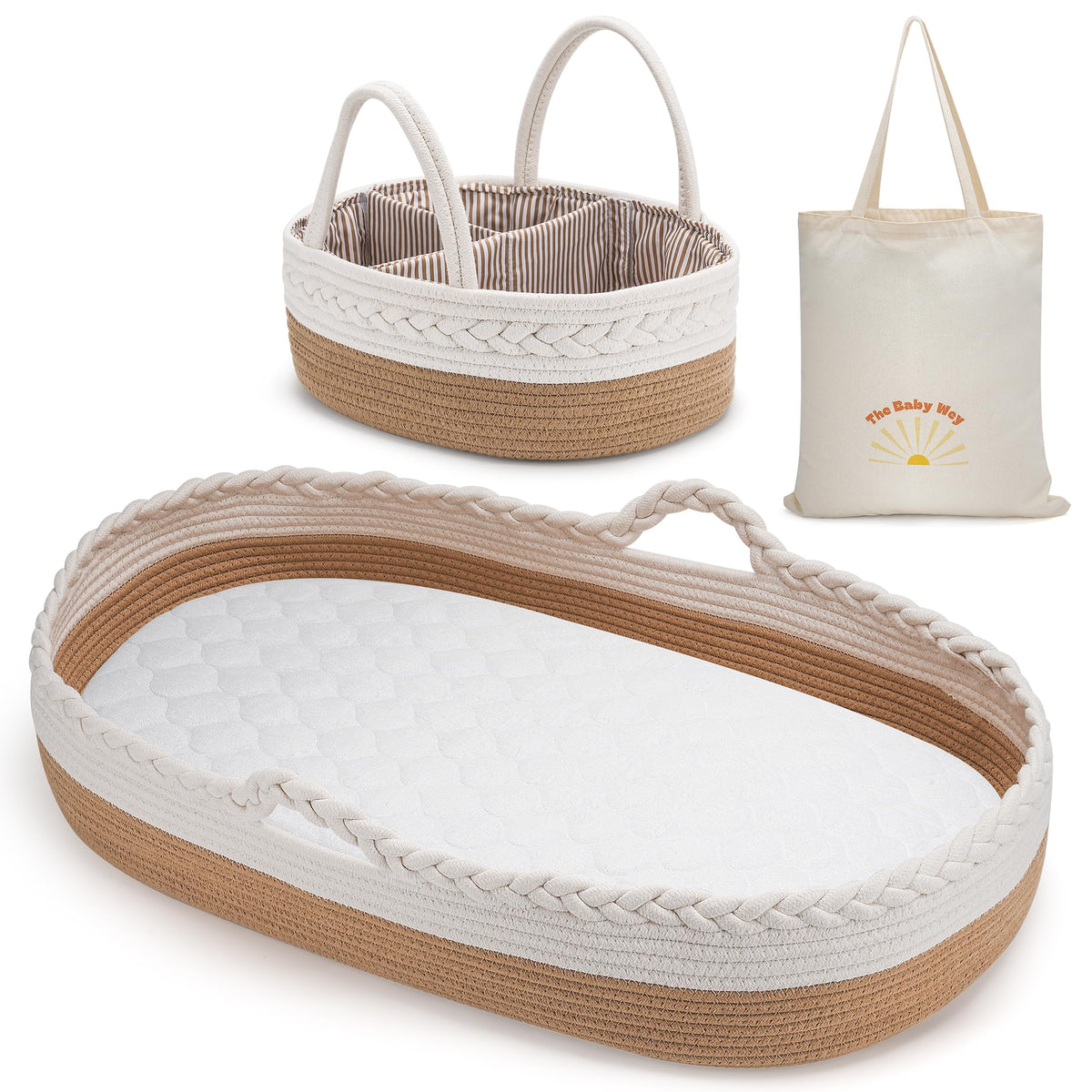 Moses Basket by The Baby Wey, cestas de Moses para recién nacido, cesta cambiadora de bebé, 2 fundas impermeables lavables para almohadillas para orejas, cesta de pañales, bolsa de mano, cambiador