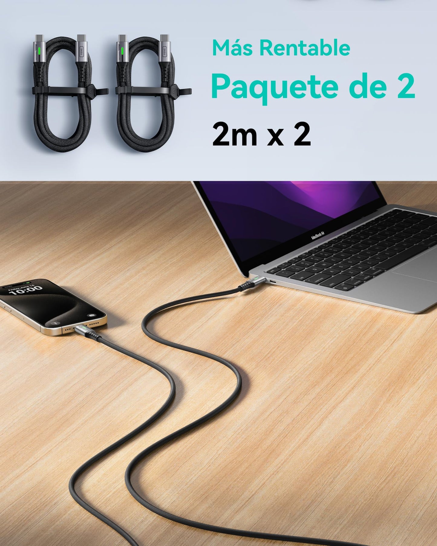 INIU Cable USB C a USB C, 100W [2m+2m] Cable USB C Carga Rapida PD QC 4.0 Cable Tipo C Nylon para iPhone 16 15 MacBook Pro 2020 Samsung S23 Ultra iPad Air Google Pixel Xiaomi Huawei Steam Deck