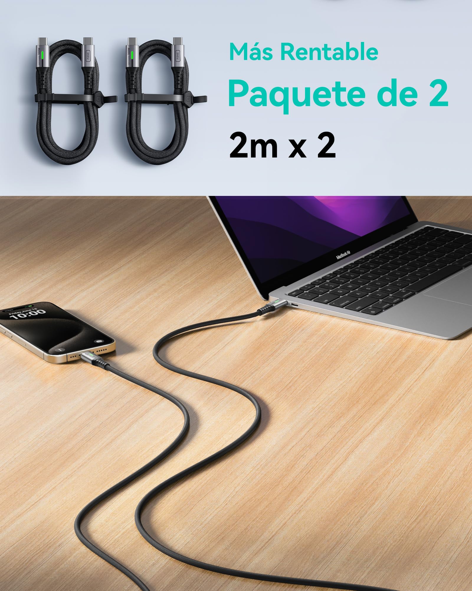 INIU Cable USB C a USB C, 100W [2m+2m] Cable USB C Carga Rapida PD QC 4.0 Cable Tipo C Nylon para iPhone 16 15 MacBook Pro 2020 Samsung S23 Ultra iPad Air Google Pixel Xiaomi Huawei Steam Deck