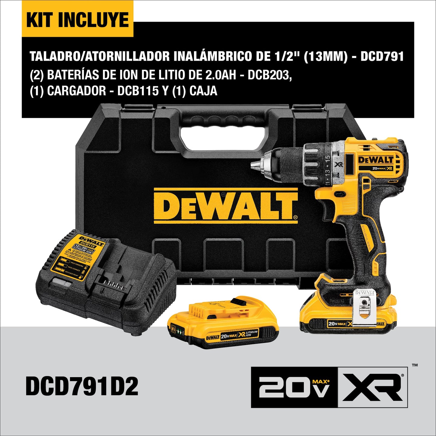 DEWALT Taladro Atornillador 1/2" (13mm), 20V máx, Incluye 2 Baterías y Cargador, DCD791D2