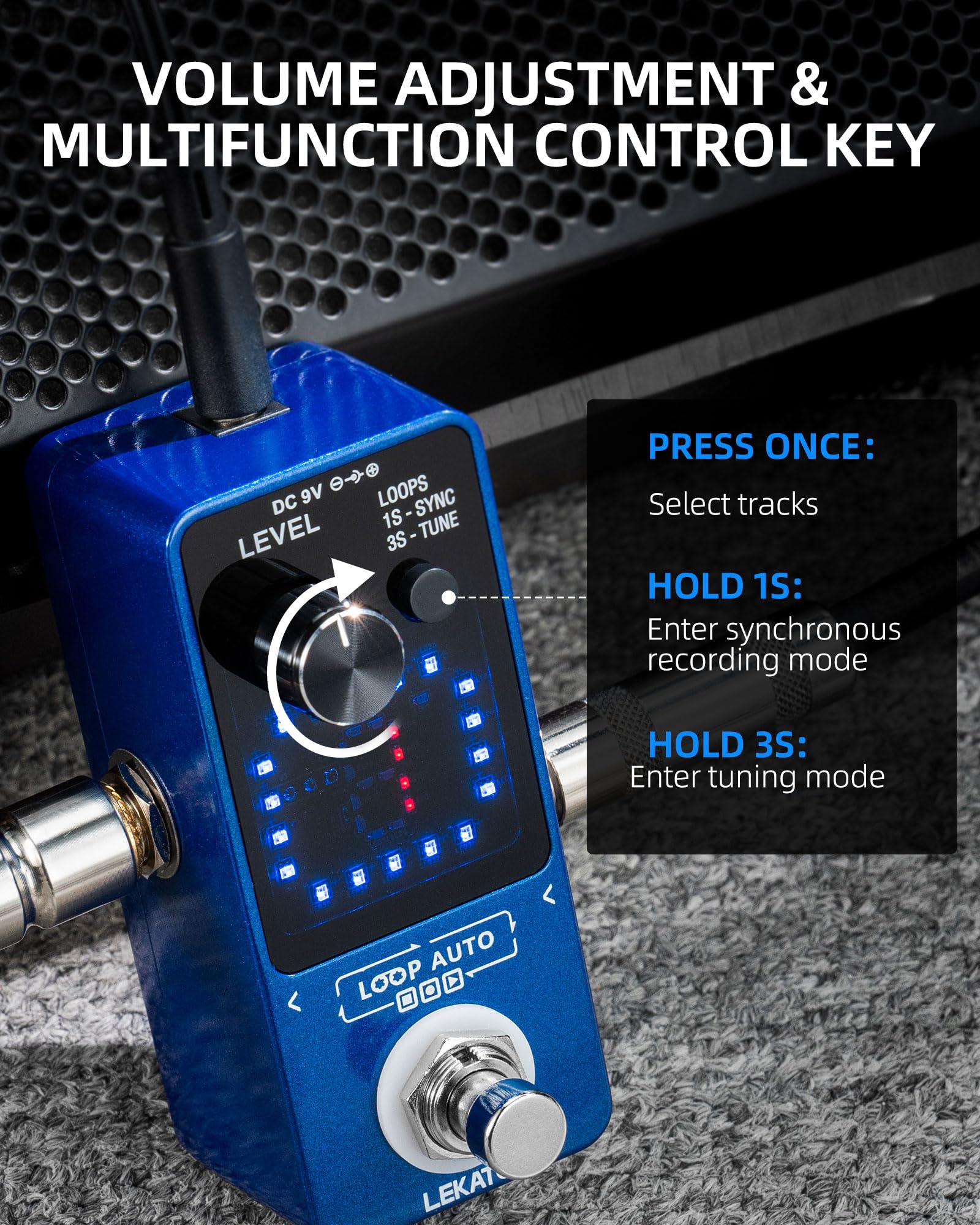 LEKATO - Pedal para guitarra con adaptador de fuente de alimentación de pedal de bucle de 9 V 0.6 A, pedal de bucle de efecto con función SYNC y sintonizador para guitarra eléctrica, 3 bucles, 18
