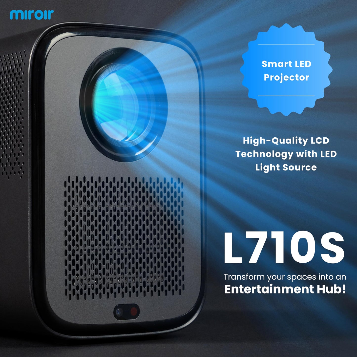 Proyector Inteligente L710S 1080p con transmisión integrada, WiFi y Bluetooth. Disfruta de imágenes increíbles con Enfoque automático y Keystone. Zoom Digital y Sonido Dolby con 2 Altavoces de 5