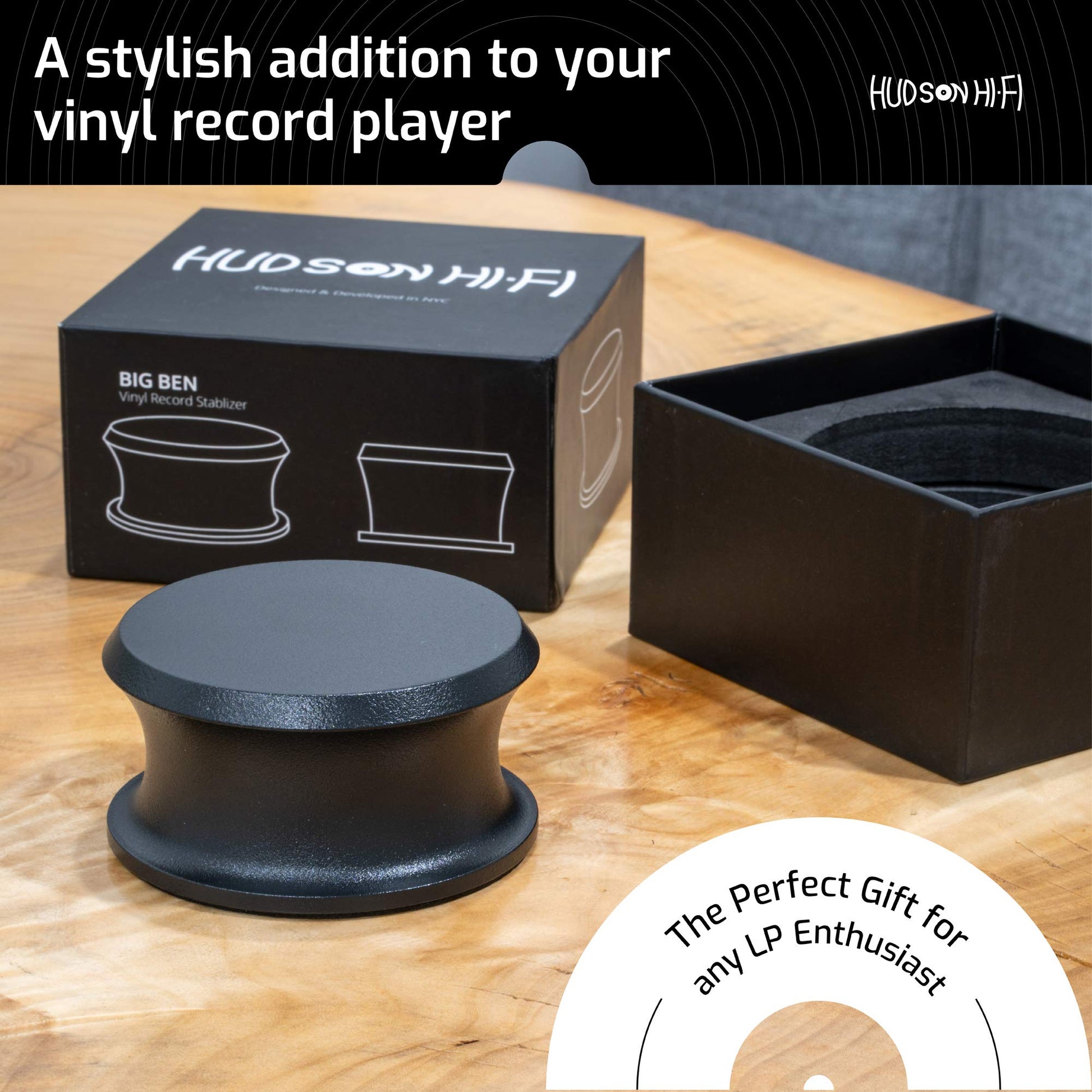 Hudson Hi-Fi BigBen - Estabilizador de peso de registro con almohadilla protectora de piel, peso de vinilo de 13 onzas, estabilizador de peso de placa giratoria de acero sólido, accesorios de disco de