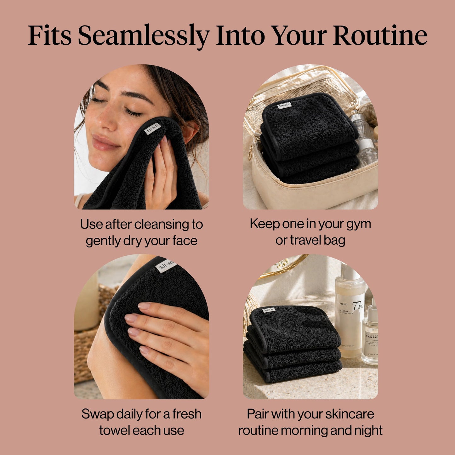 Kitsch Juego de 3 toallas faciales de microfibra – Toallas reutilizables y limpias para la rotación diaria, toalla facial suave, alternativa de toallitas faciales de limpieza suave, paños súper