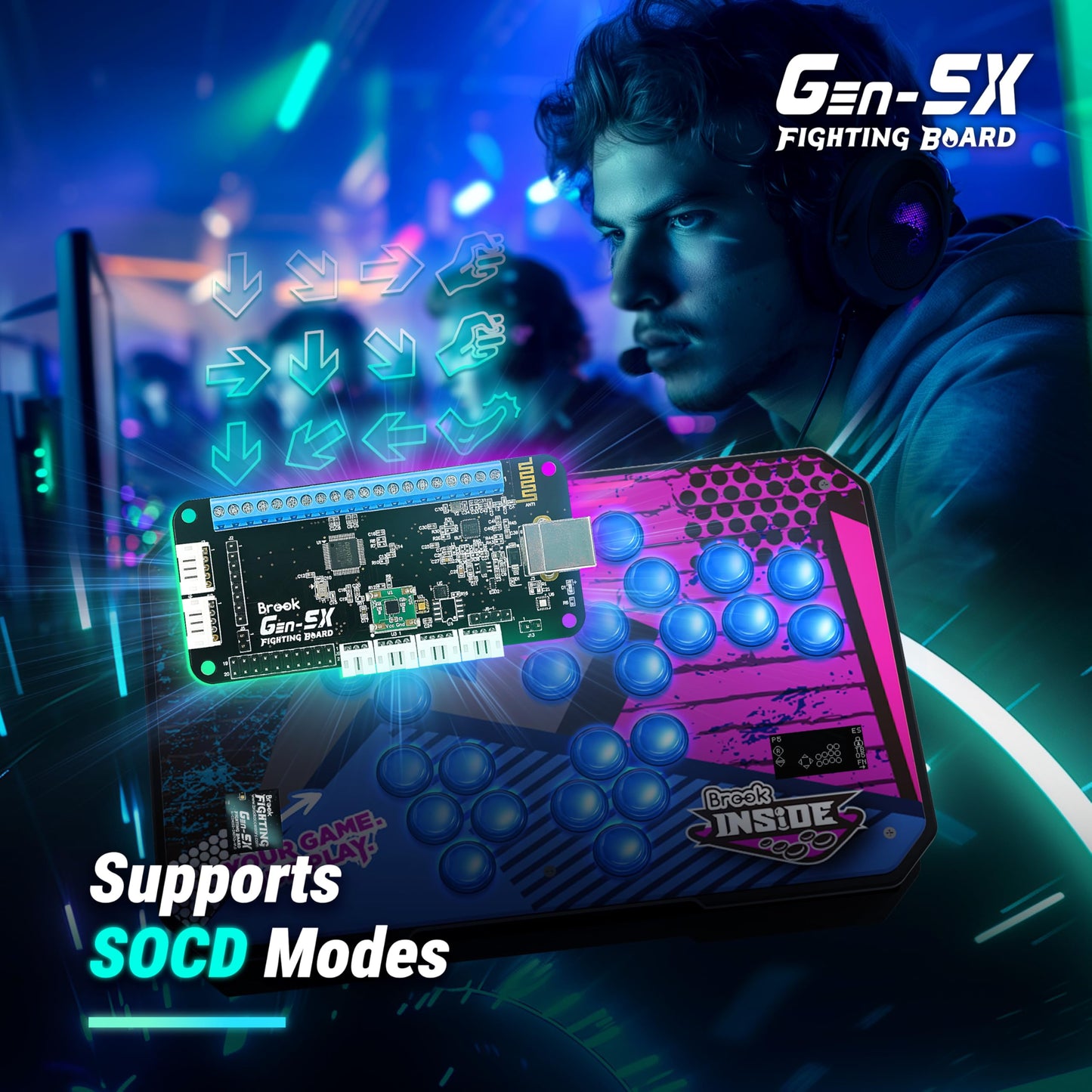 Brook Gaming Gen5X - Tablero de lucha con pegatina - Multiplataforma definitiva compatible con PS5, XB Series, XS, NS y PC, tiempos de respuesta rápidos para juegos de lucha 【Versión exclusiva】