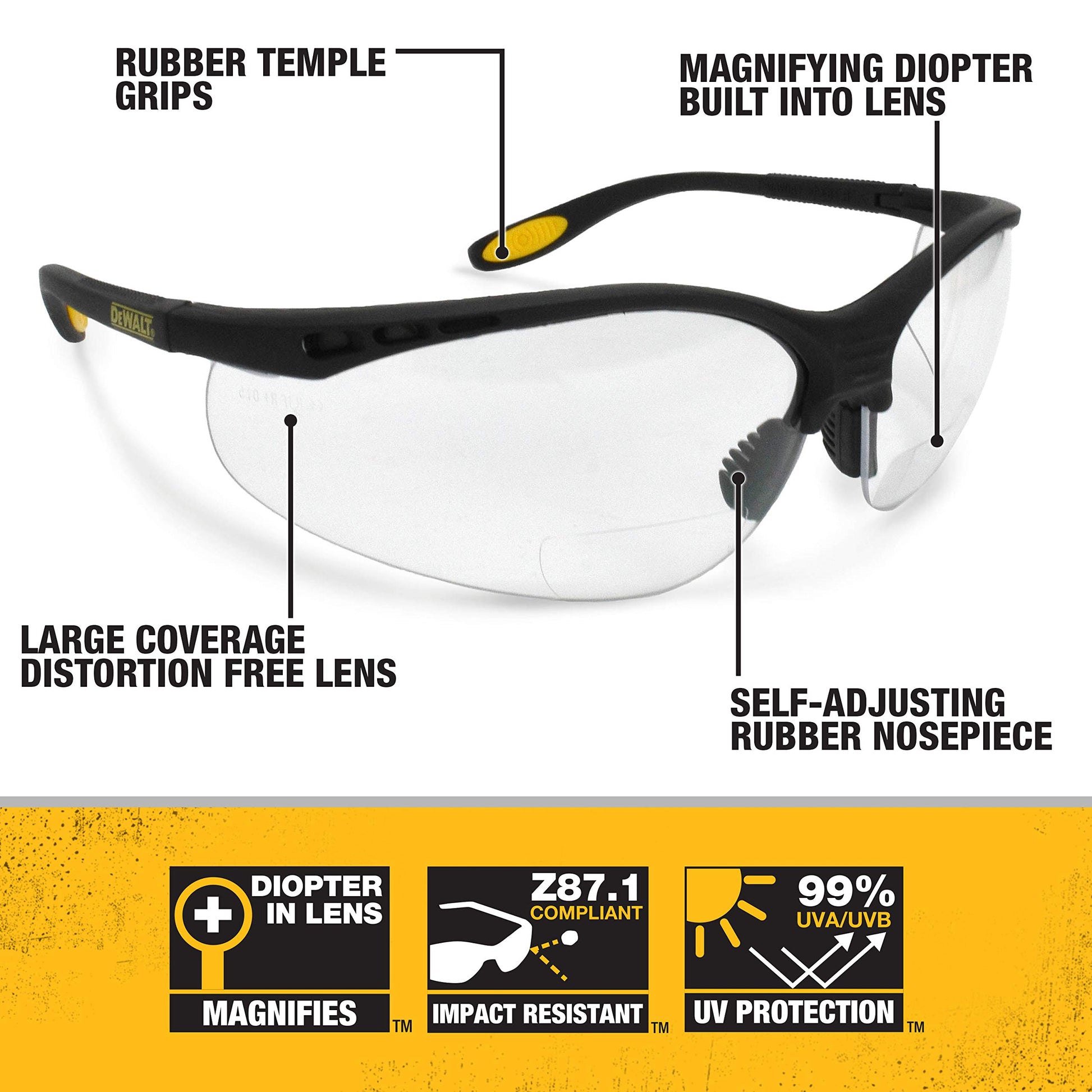 DEWALT DPG59-125C Refuerzo Rx-Bifocal 2.5 Lente transparente de alto rendimiento anteojos de seguridad protectoras con patillas de goma y funda protectora para anteojos