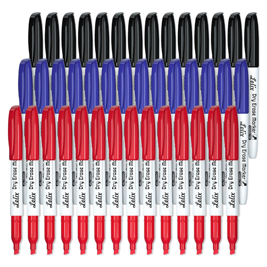 Lelix - Marcadores de borrado en seco, paquete de 42 14 negros + 14 azules + 14 marcadores de borrado en seco, punta de cincel, marcadores de borrado en seco, a granel, marcadores de pizarrón blanca para escuela, suministros de oficina, perfecto para piza