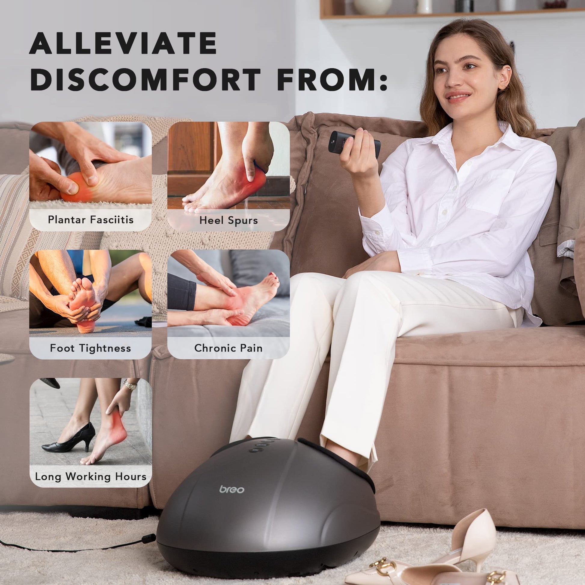 Breo Máquina masajeadora de pies con calor, Shiatsu de tejido profundo, masaje rodante para alivio, se adapta a pies hasta hombres talla 12