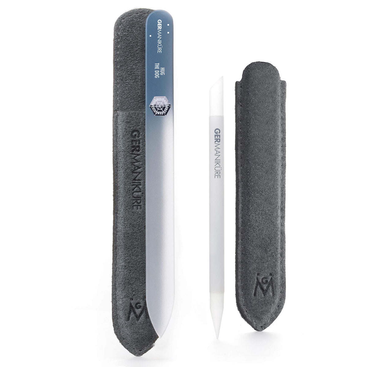 GERMANIKURE Crystal Glass Cuticle Stick & HUG THE DOG Nail File Set in Suede Leather Case – Handmade in Czech Republic – Professional Manicure Supplies – Cuticle Pusher, Callous Remover