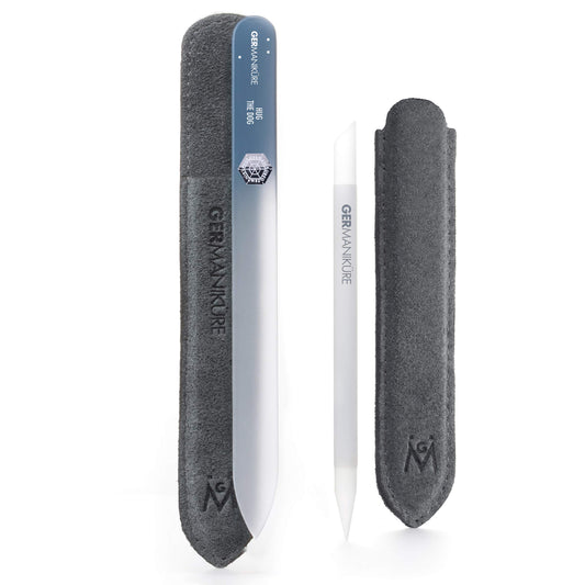 GERMANIKURE Crystal Glass Cuticle Stick & HUG THE DOG Nail File Set in Suede Leather Case – Handmade in Czech Republic – Professional Manicure Supplies – Cuticle Pusher, Callous Remover