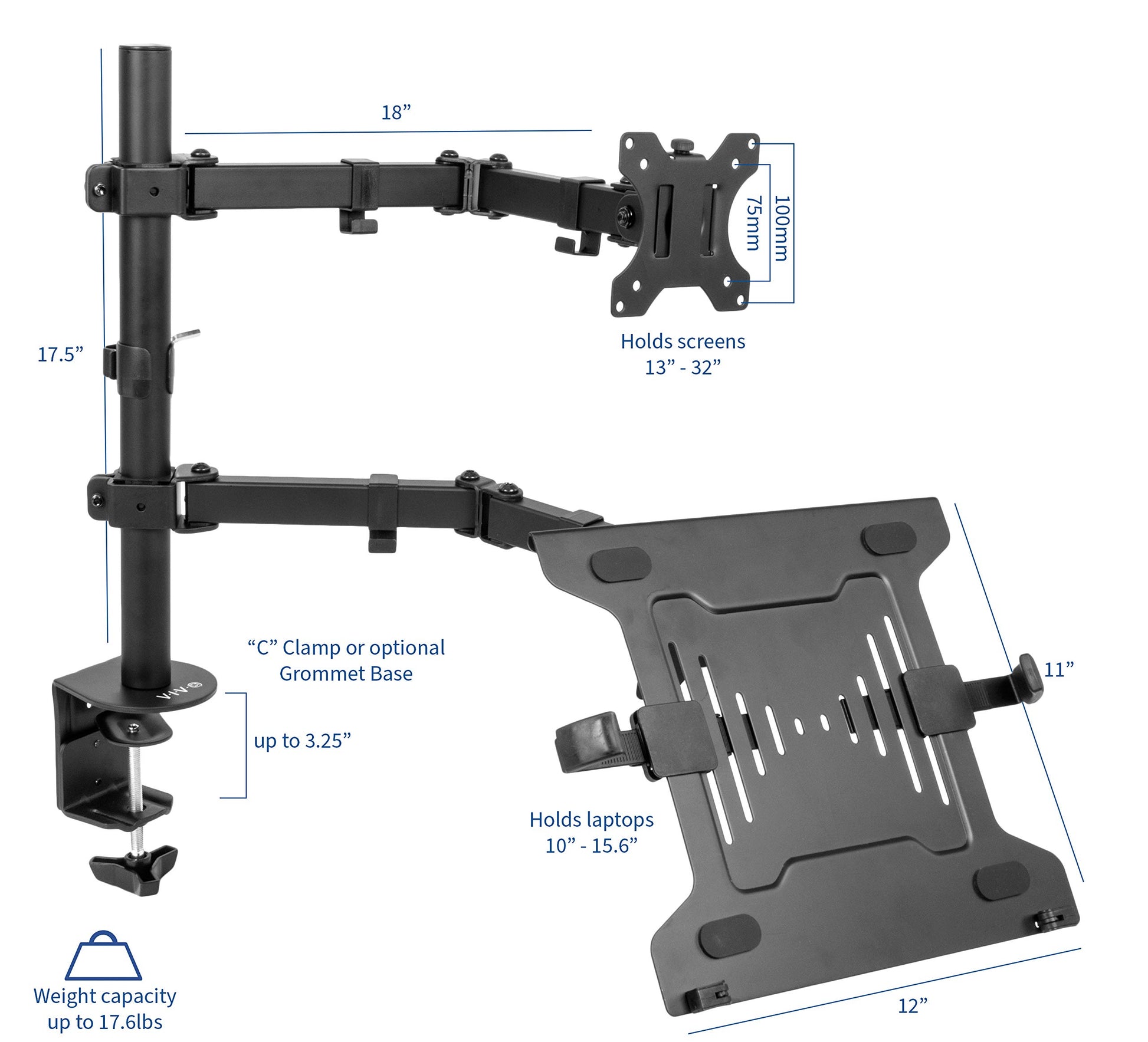 Soporte Articulado VIVO Negro para Monitor y Computadora Portátil con VESA Hasta 32 Pulgadas