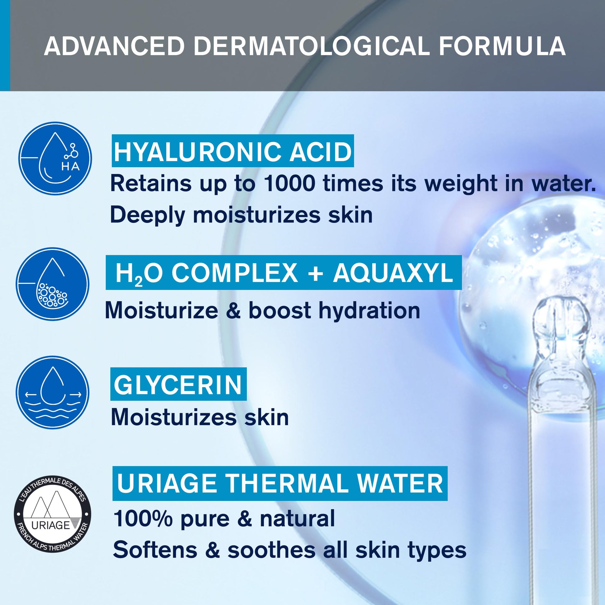 Uriage Eau Thermale gel hidratante con Ácido Hialurónico 40ml - 24H Hidratación Intensa y luminosidad. Gel facial fundente ligero y fresco para pieles normales a mixtas - Efecto refrescante y aroma fresco - No comedogénico