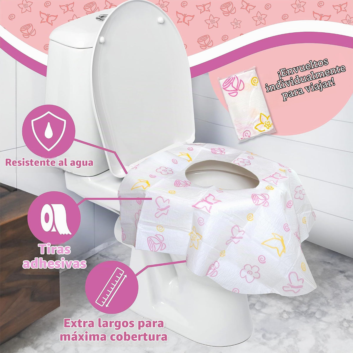 Potty Shields Fundas desechables para asientos de inodoro para niños y adultos (paquete de 12), Protección contra gérmenes de baños públicos, Impermeables, XL para cubrir TODO el inodoro, Rosa/Floral