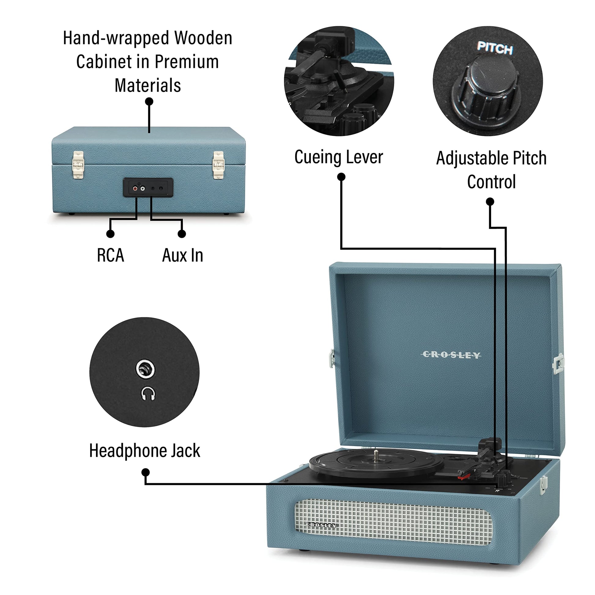 Crosley CR8017B-WB Voyager Vintage Portable Turntable with Bluetooth in/out and Built-in Speakers, Washed Blue