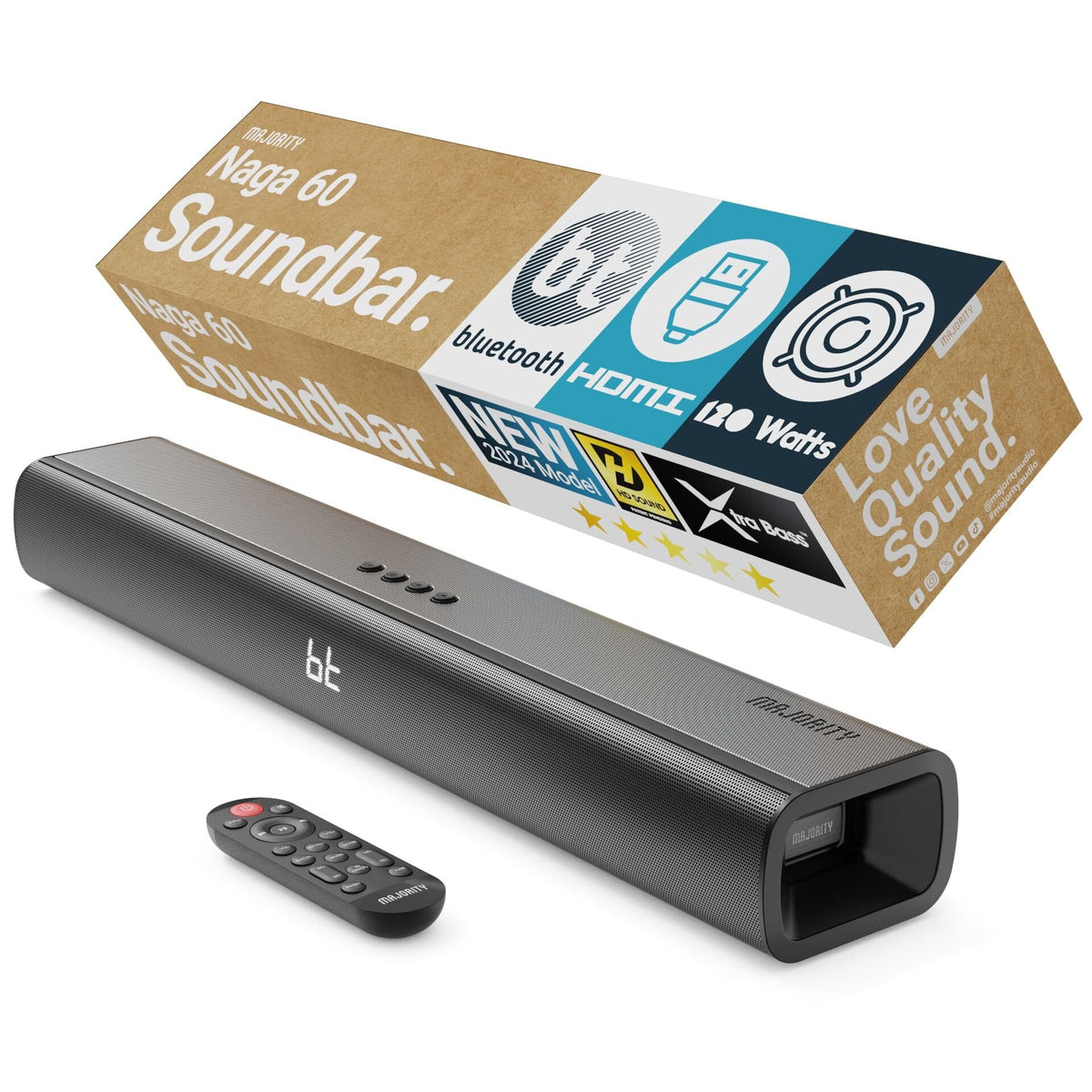 Barra de Sonido Bluetooth Majority Naga Negra 120W Sonido 3D con Subwoofer Integrado para Smart TV