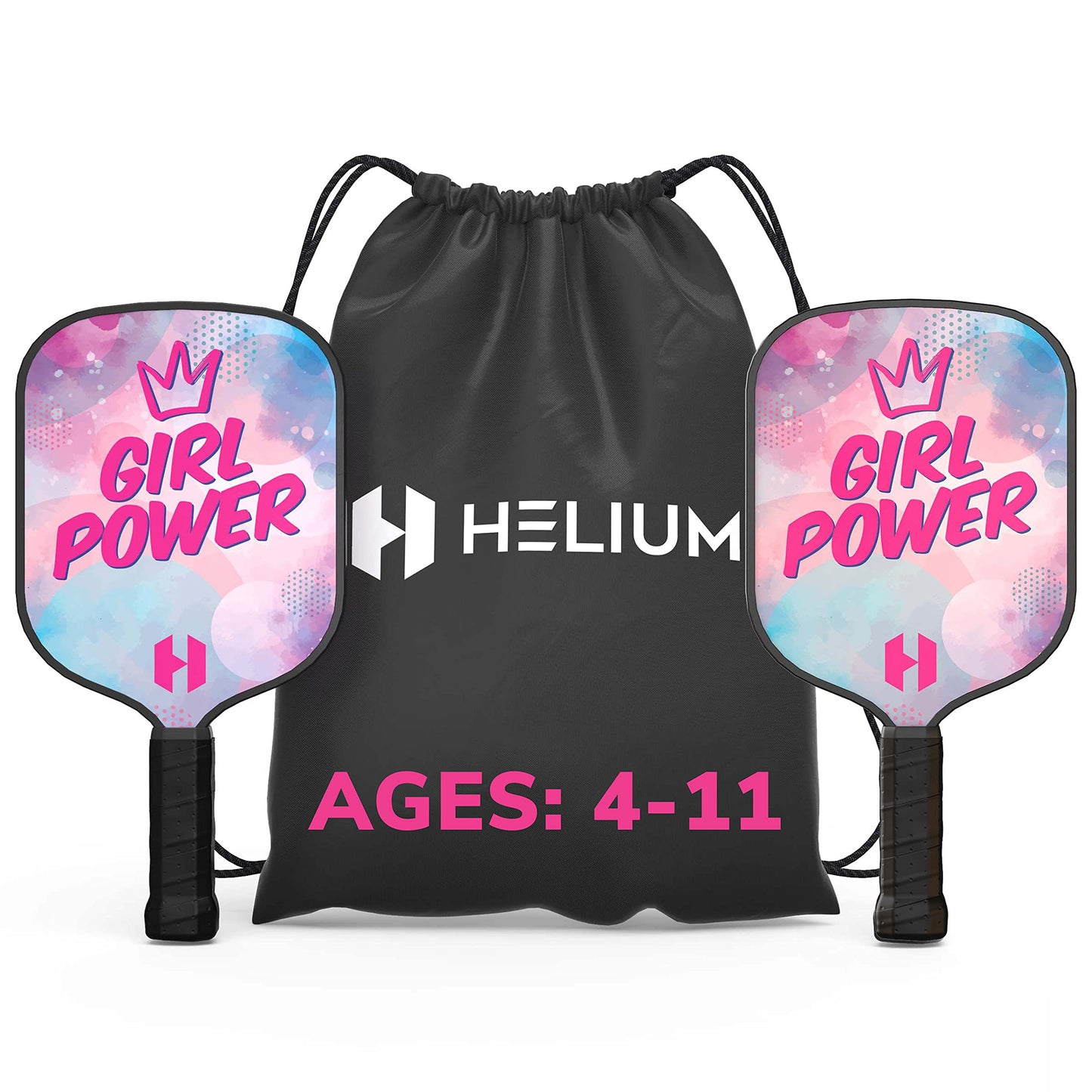 Helium Paleta de Pickleball para niños (2 Unidades, Girl Power), tamaño Infantil, núcleo de Panal, Cara de Impacto de Grafito, Agarre cómodo Premium, Pala de Pickleball y Bolsa con cordón