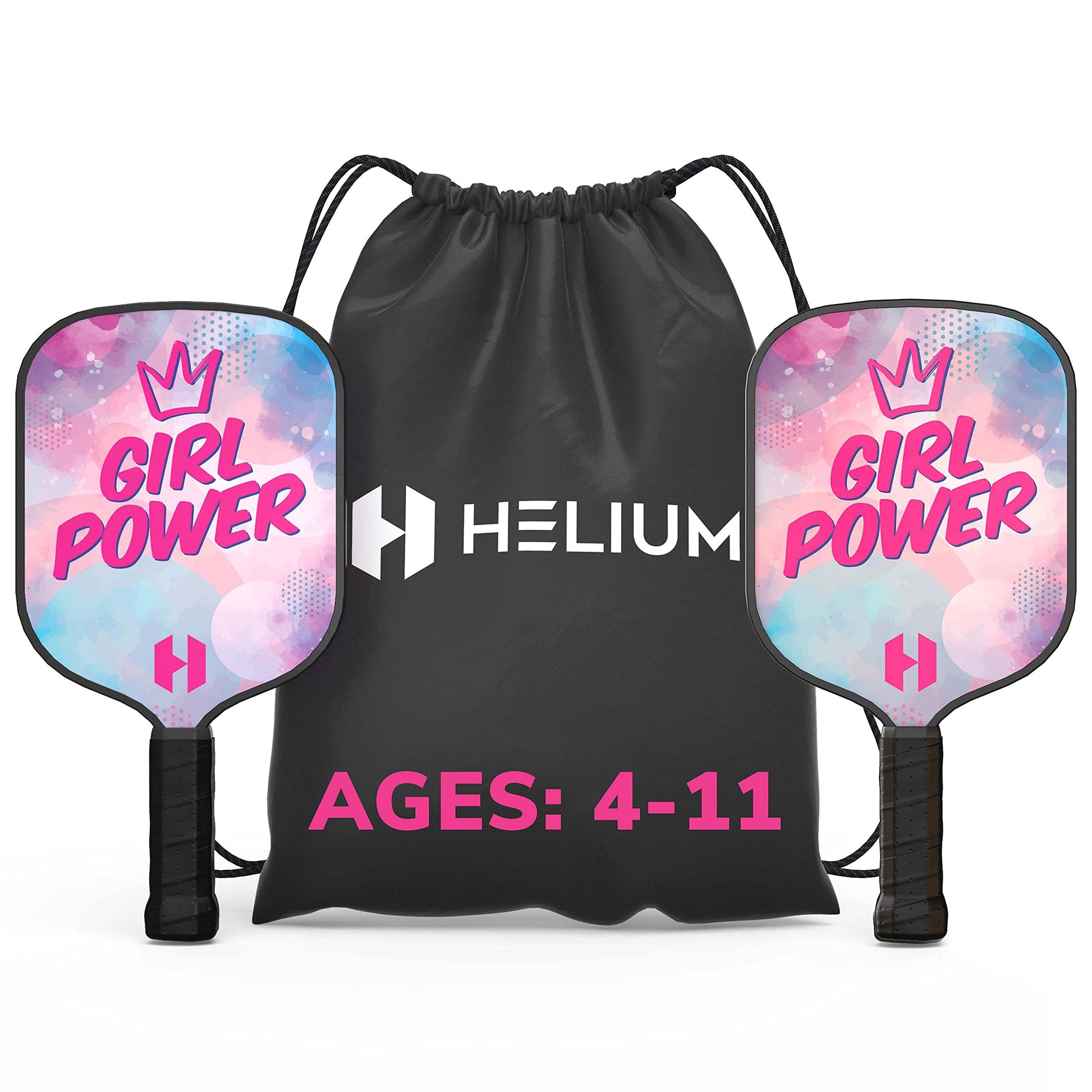 Helium Paleta de Pickleball para niños (2 Unidades, Girl Power), tamaño Infantil, núcleo de Panal, Cara de Impacto de Grafito, Agarre cómodo Premium, Pala de Pickleball y Bolsa con cordón