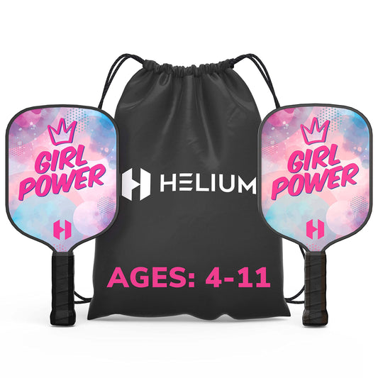 Helium Paleta de Pickleball para niños (2 Unidades, Girl Power), tamaño Infantil, núcleo de Panal, Cara de Impacto de Grafito, Agarre cómodo Premium, Pala de Pickleball y Bolsa con cordón