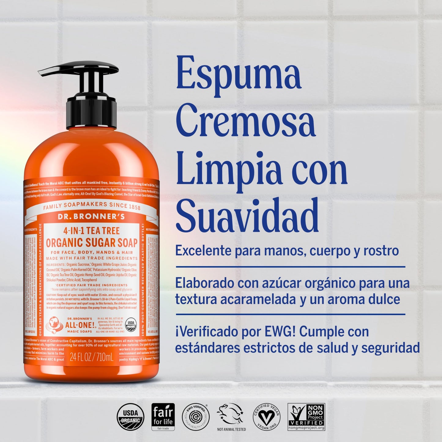 Dr. Bronner's | Jabón líquido de azúcar orgánico, hidratante y nutritivo, para manos, cuerpo, rostro y cabello; certificado vegano - Árbol de Té, 710 ml