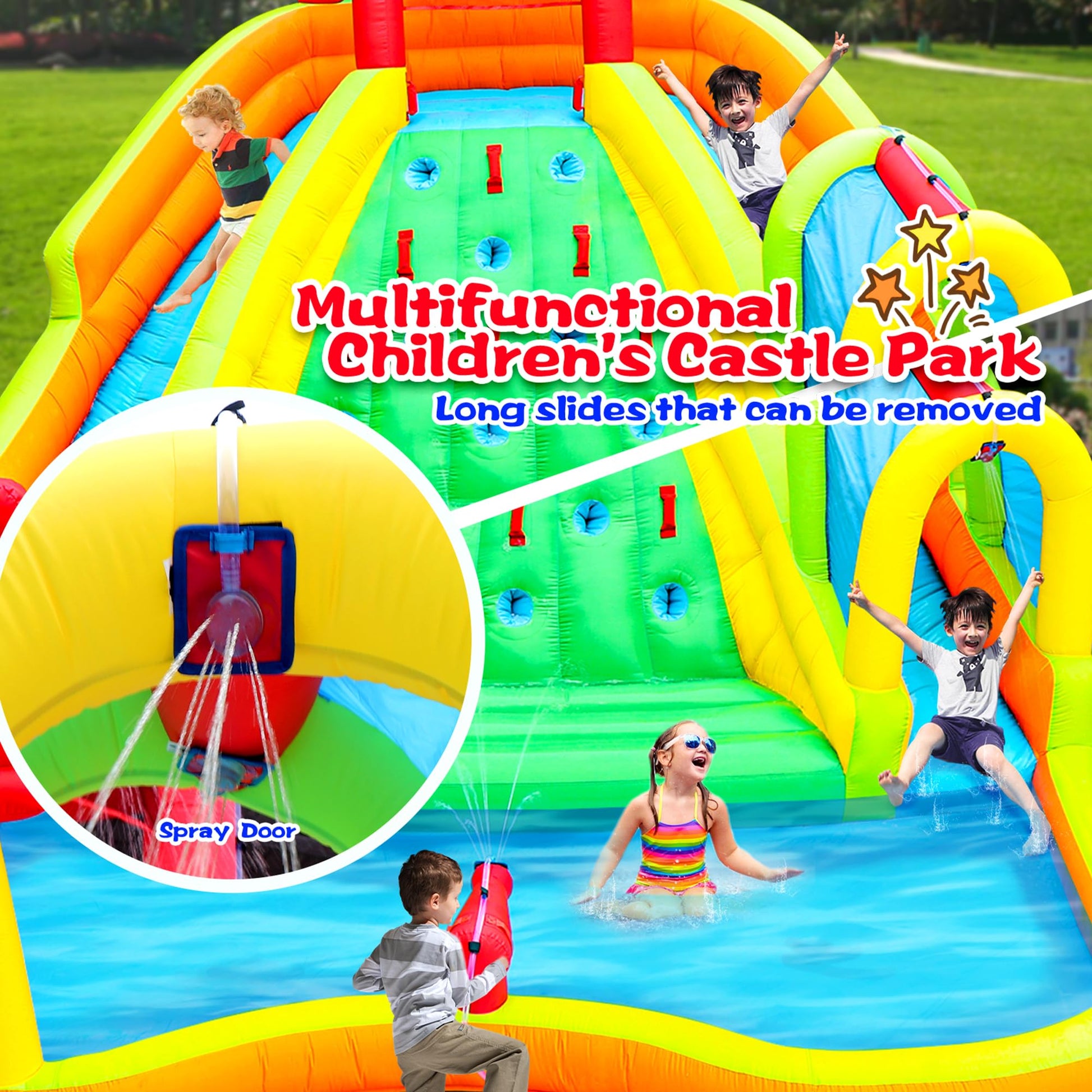Parque Inflable WELLFUNTIME Azul con Doble Toboganes y Casa de Rebote