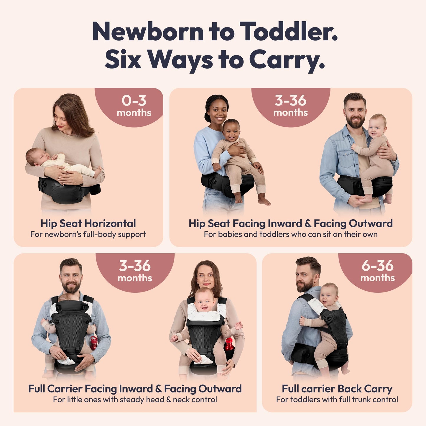 BabbleRoo Grow Plus Portabebés – Portabebés de algodón orgánico certificado de seguridad con asiento de cadera desmontable, amplio almacenamiento, hebilla magnética, bolsa de almacenamiento, comodidad