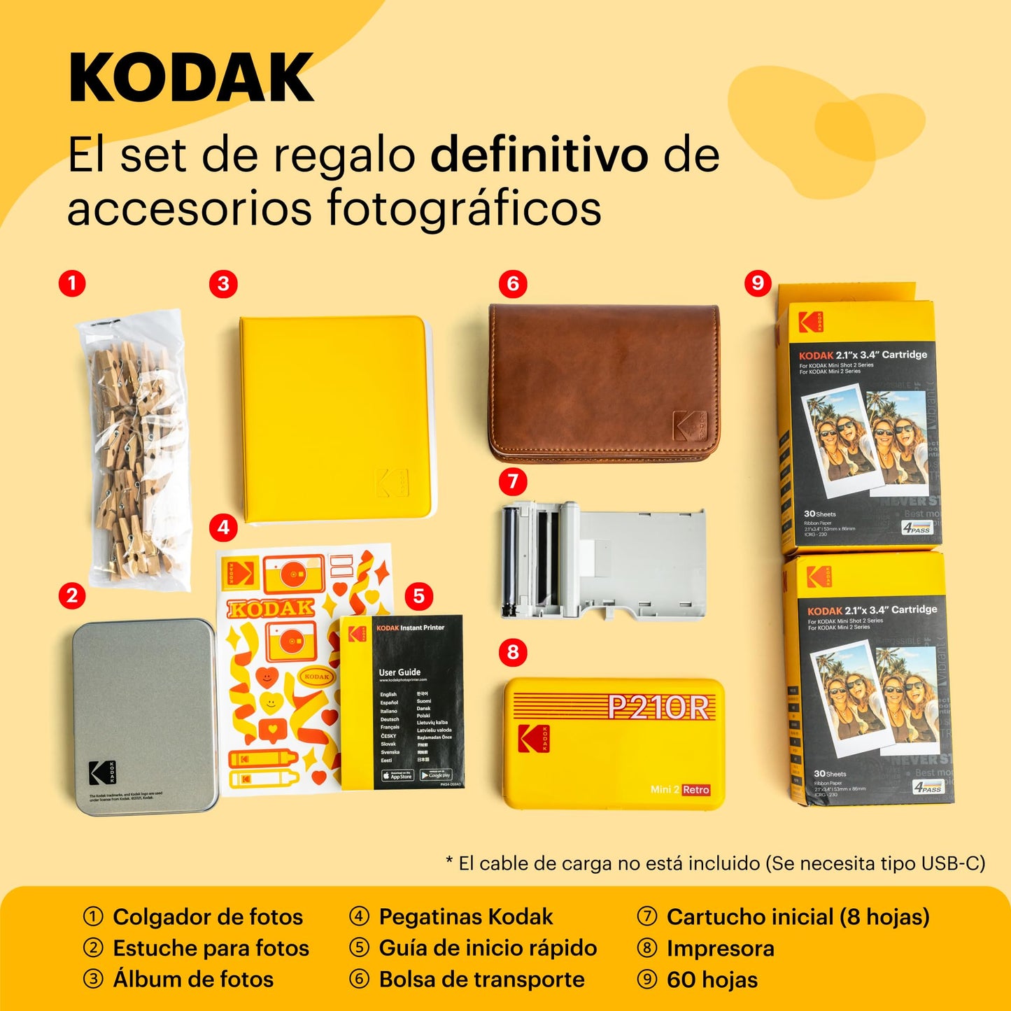 KODAK Mini 2 Retro 4PASS Impresora de Fotos Portátil (5,3x8,6cm) + Pack de Regalo con 68 Hojas, Negro