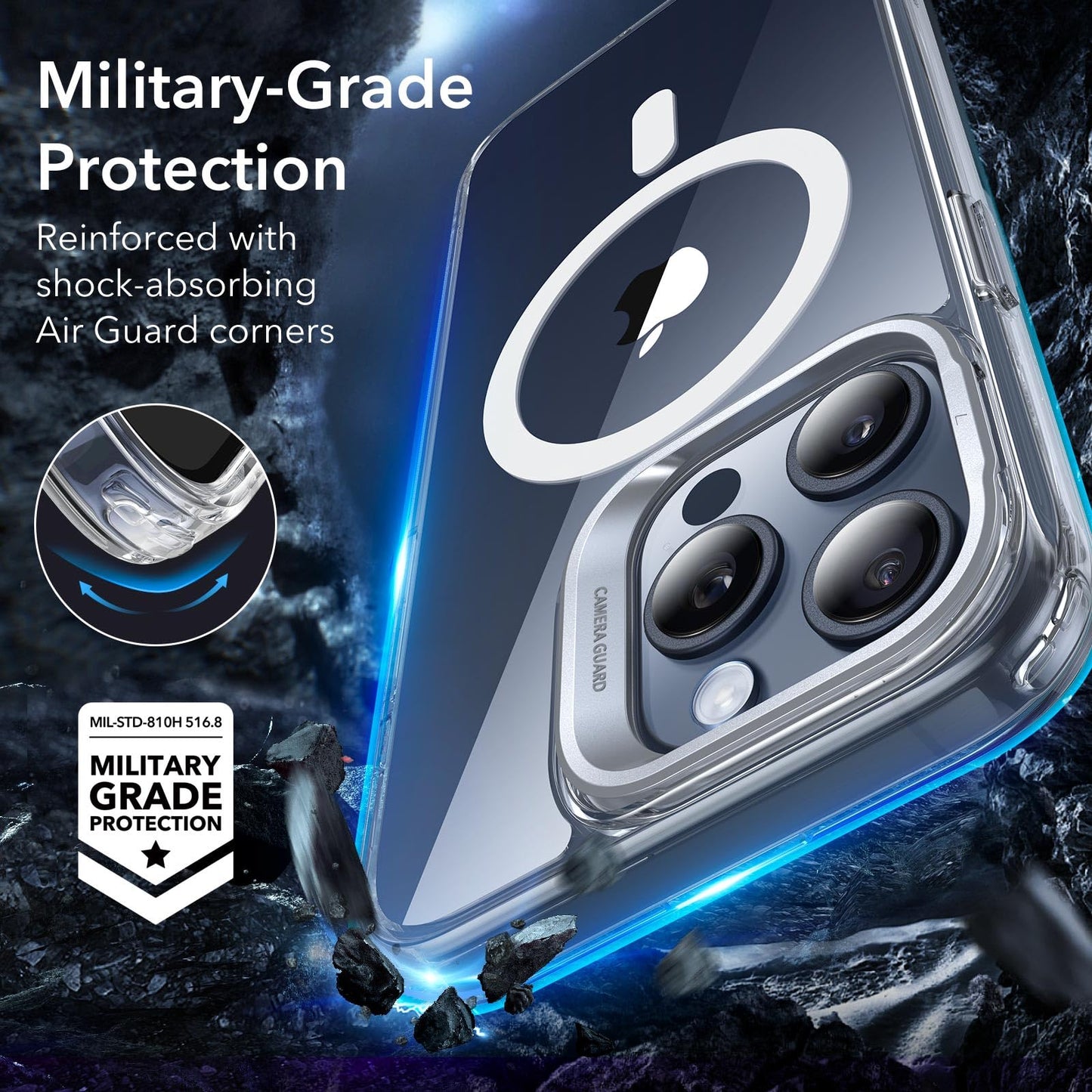 ESR Funda para iPhone 15 Pro MAX, Compatible MagSafe, Funda Protectora Grado Militar, Funda con Soporte Oculto Integrado, Parte Trasera Resistente a Arañazos, Serie Classic, Transparente