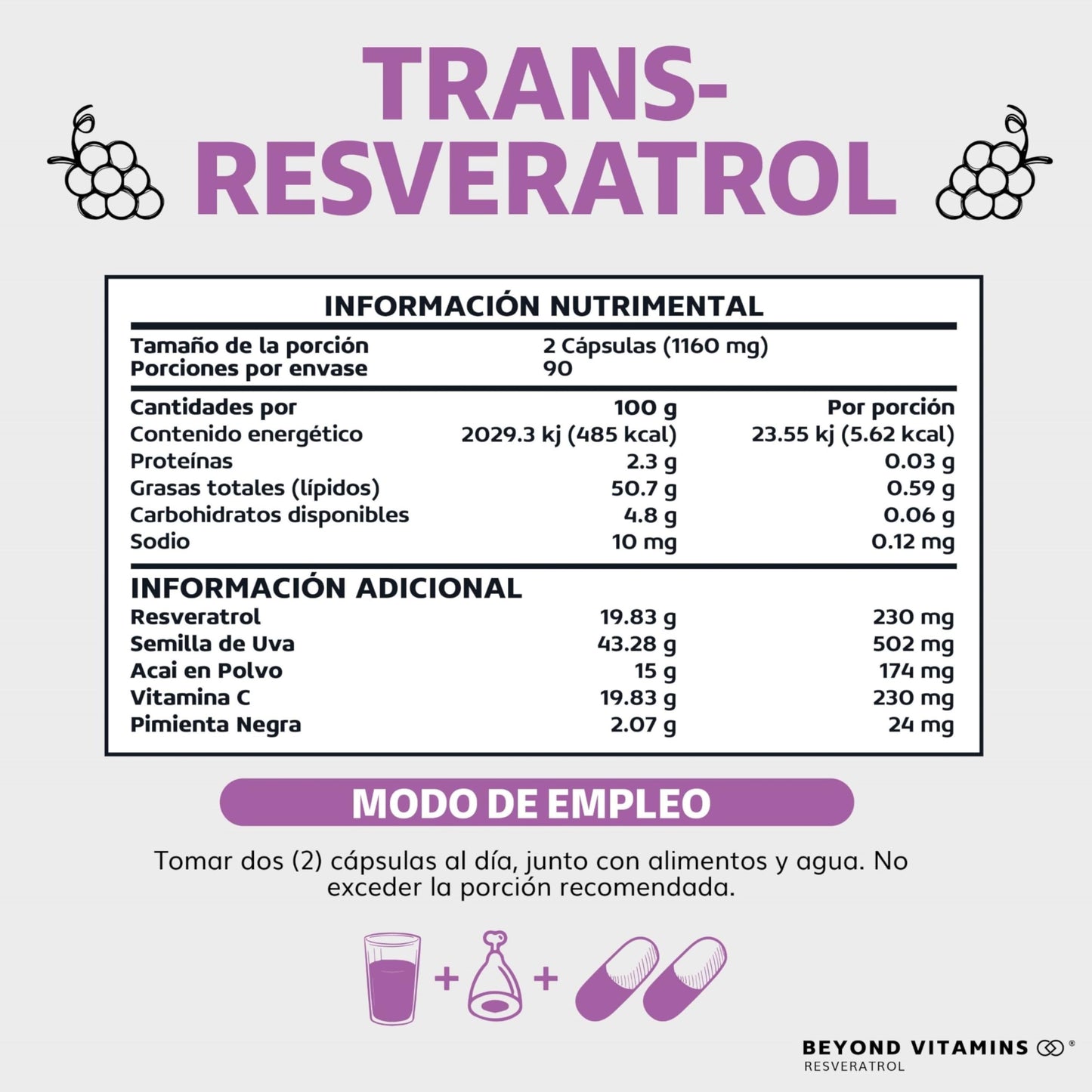 Suplemento de Trans-Resveratrol con Pimienta Negra y Vitamina C 100% Vegano