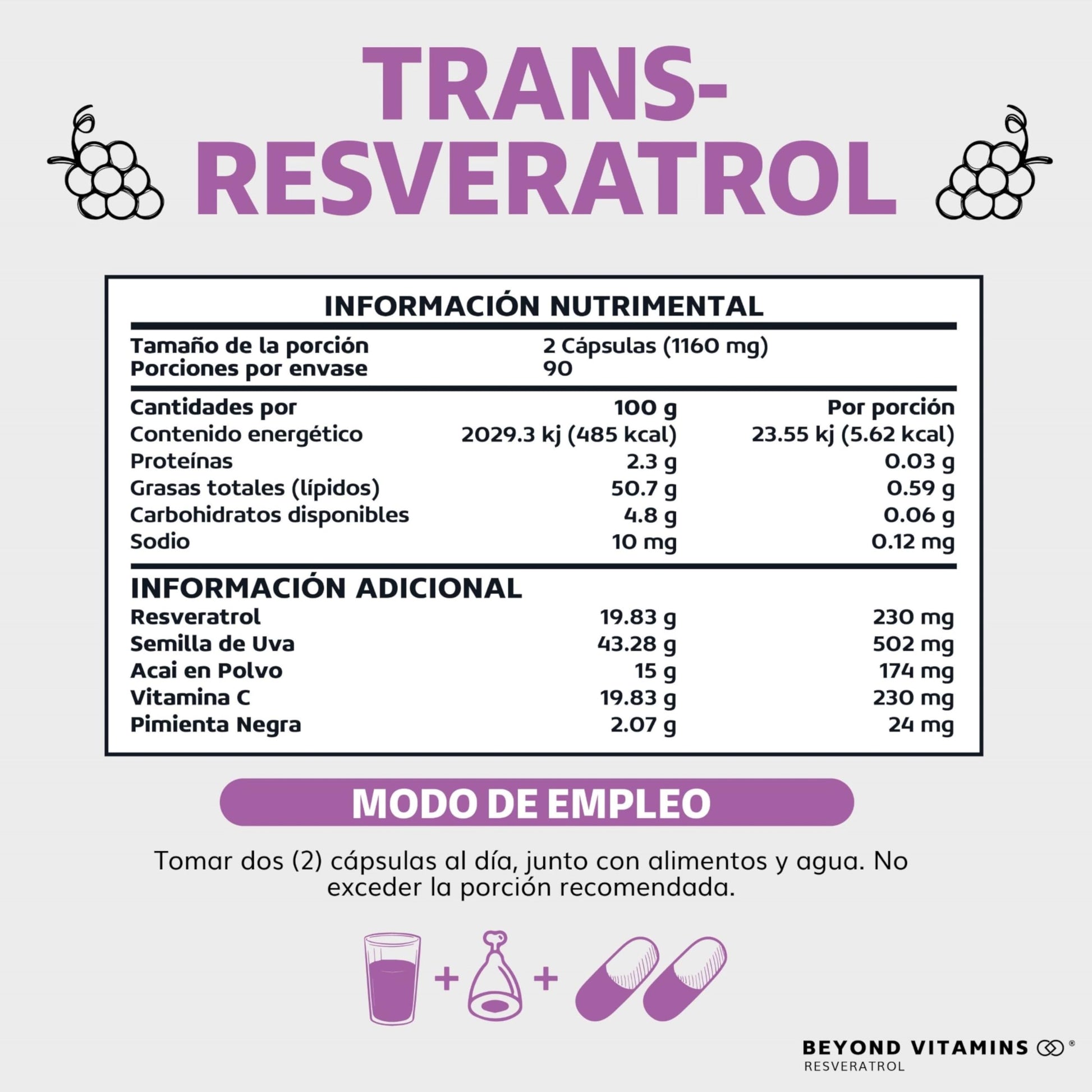 Suplemento de Trans-Resveratrol con Pimienta Negra y Vitamina C 100% Vegano