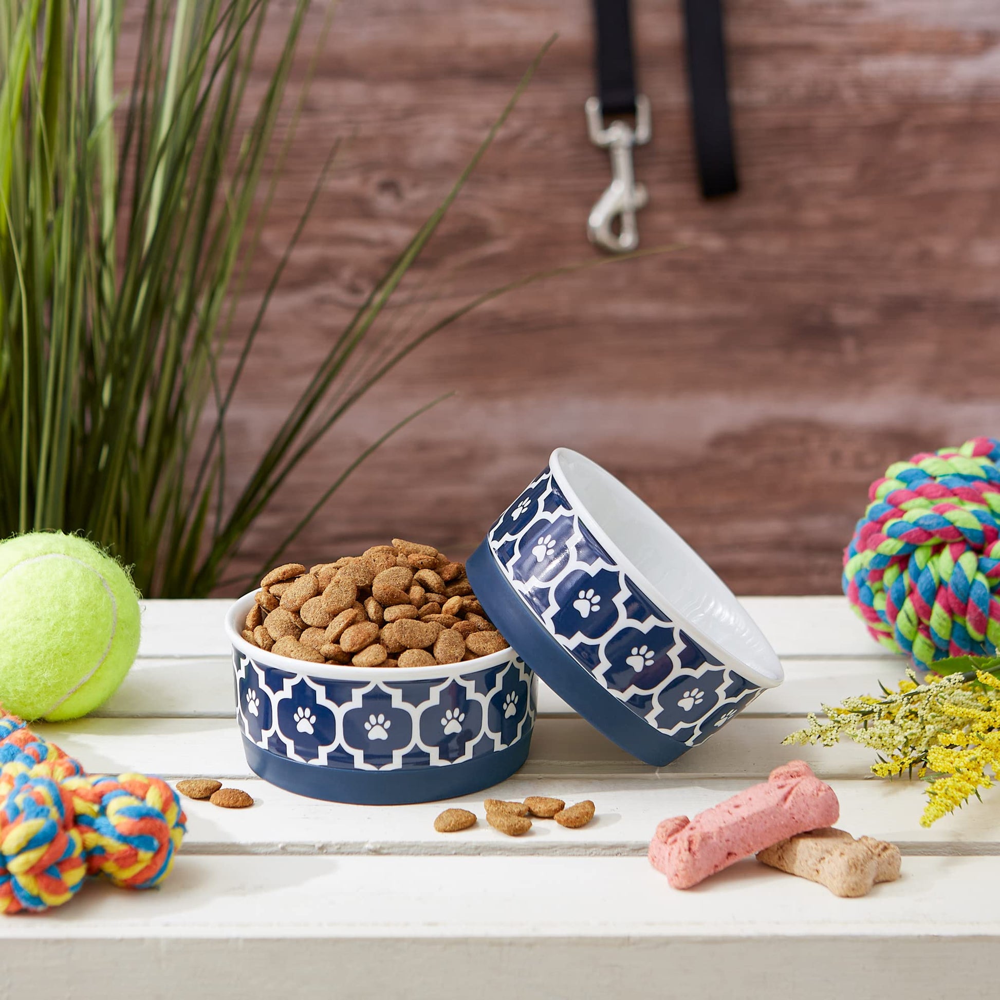 DII Bone Dry Lattice Ceramic Pet Bowl for Food & Water with Non-Skid Silicone Rim for Dogs and Cats (Small - 4.25" Dia x 2"H) Nautical Blue - Set of 2