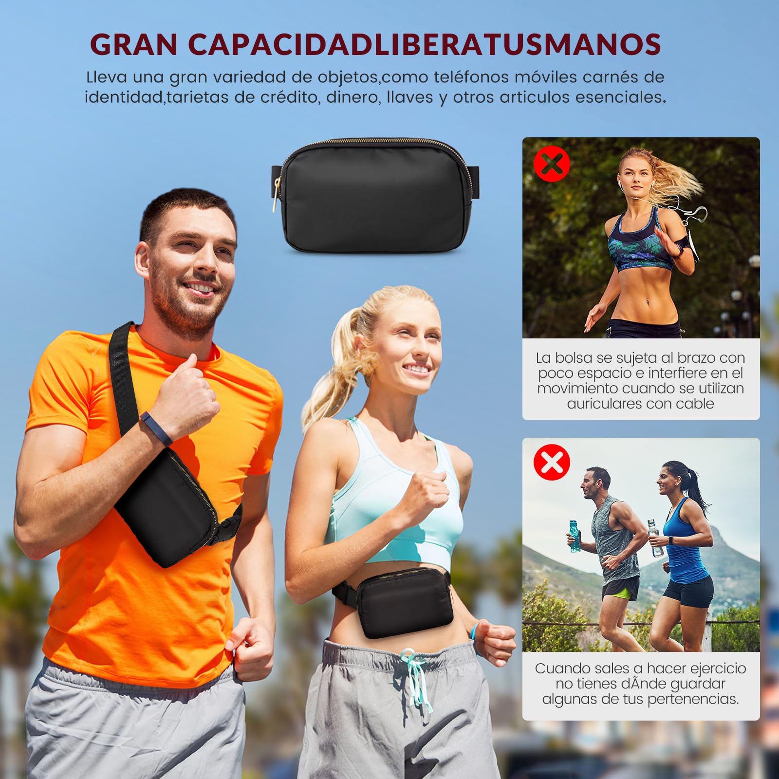 LONEASY 2 Cangurera Deportiva, 2 Unidades Riñonera Deportiva Riñonera de Marcha Running, Impermeable Gran Capacidad Bolso de Cintura Viajar Moda Riñoneras Multifuncional, Negro y Blanco,Hombre Mujer